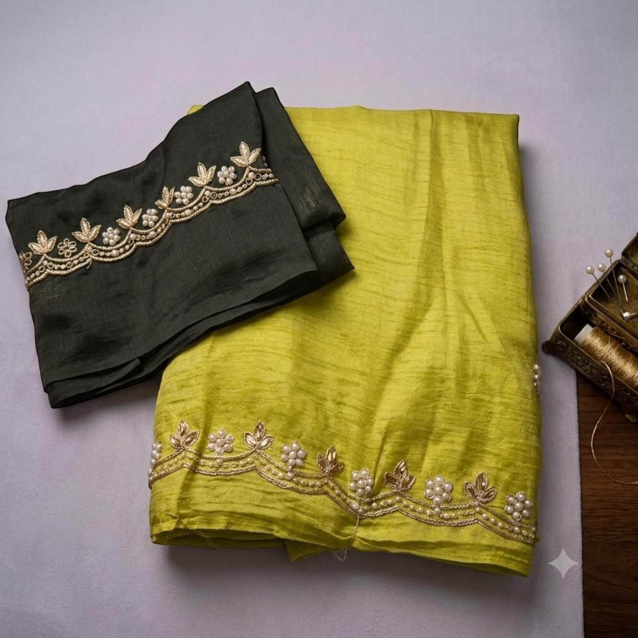 City Center MotiCrunch saree in lime green crinkle fabric with pearl bead embroidery and a dark grey blouse piece
