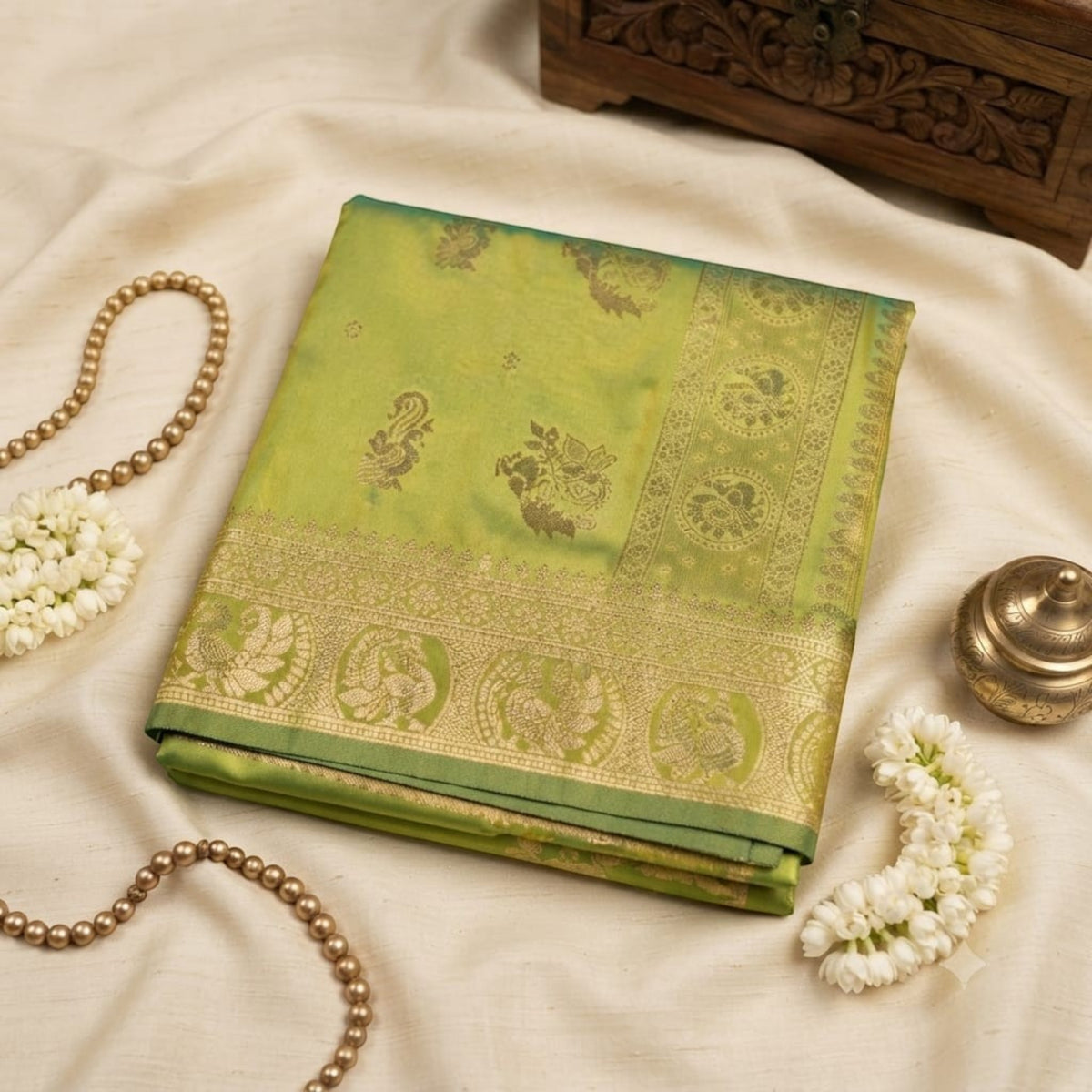 City Center Mayurakshi Paithani saree in lime green with intricate gold zari peacock motifs and traditional borders.