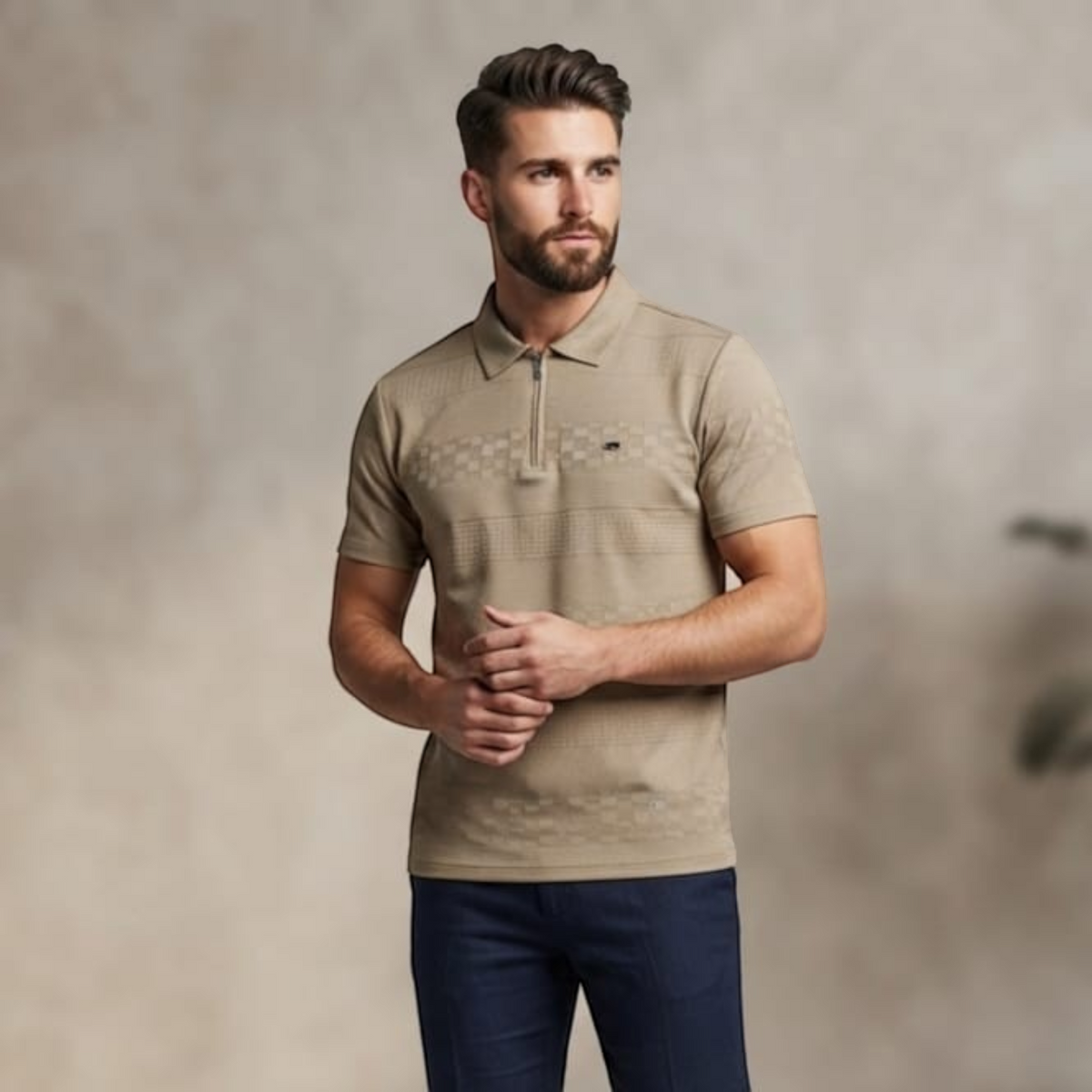 City Center M-Line men's beige polo shirt with a quarter-zip collar and subtle geometric pattern on the chest.