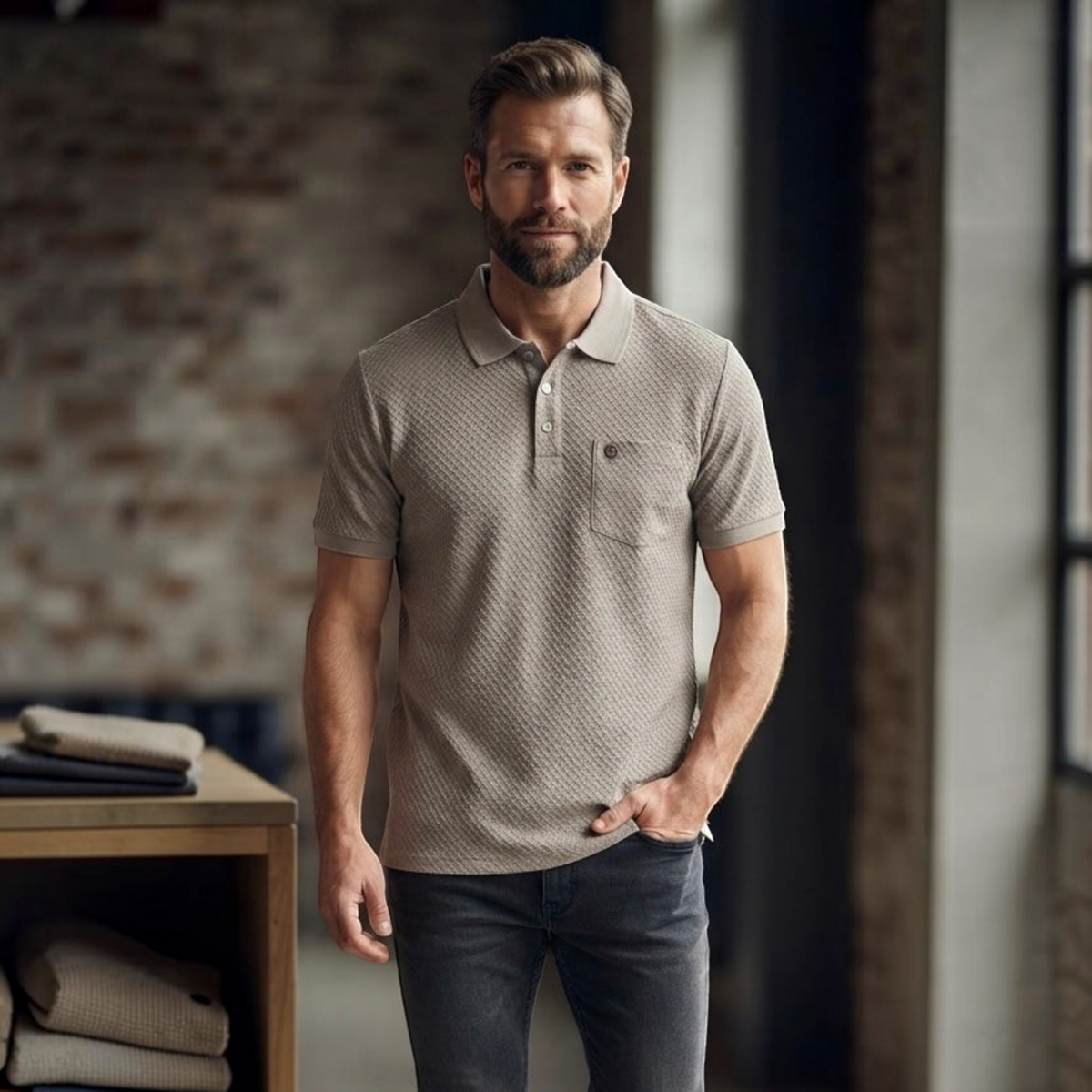 City Center M-Line men's beige textured polo shirt with a chest pocket, worn by a bearded man in a casual setting.
