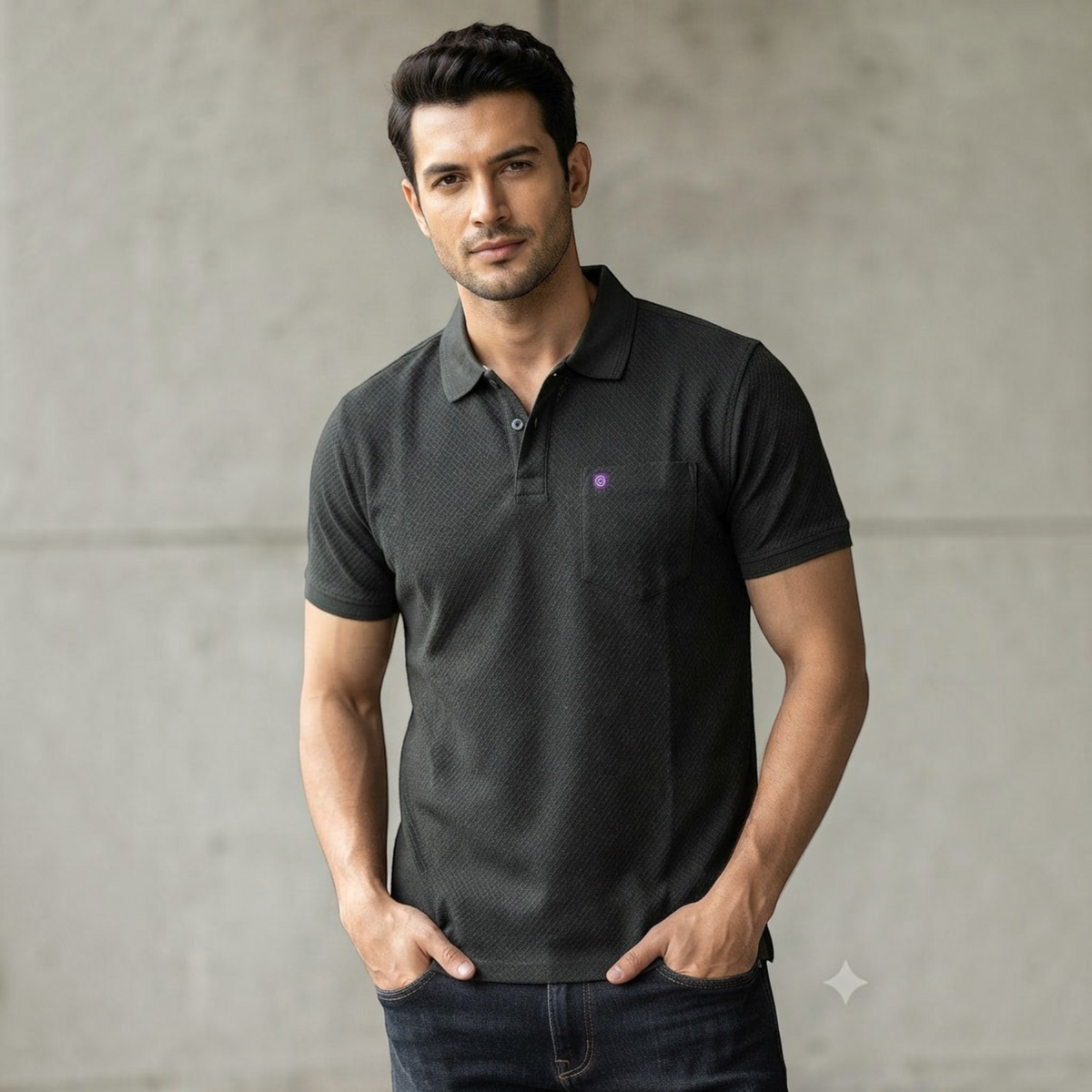 City Center M-Line men's dark grey polo shirt with a chest pocket, worn by a man against a neutral concrete background.
