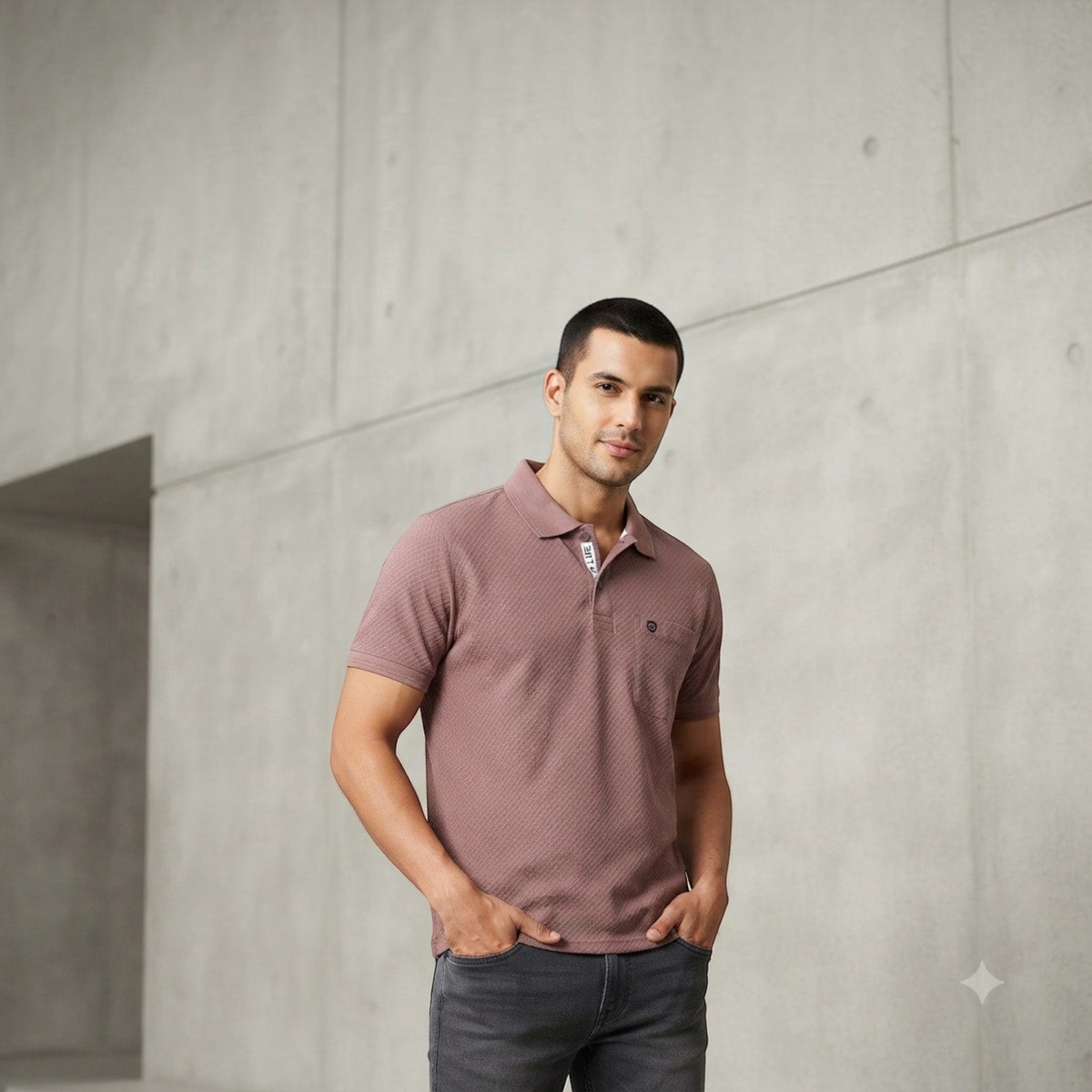 City Center M-Line men's mauve polo shirt with textured fabric and chest pocket worn by a man against a grey wall