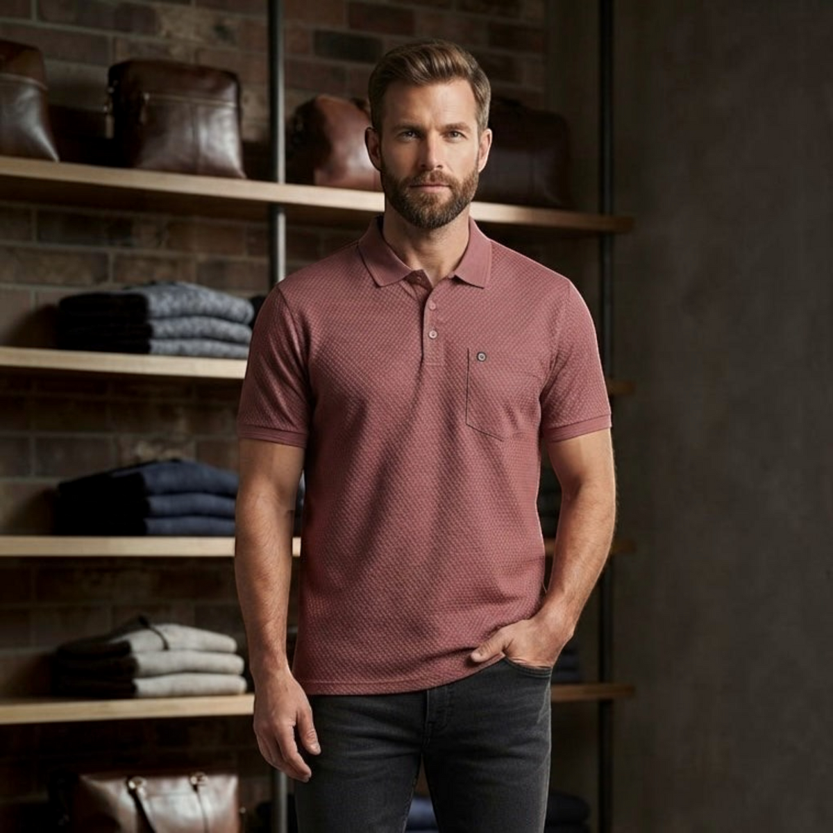 City Center M-Line men's dusty rose polo shirt with a textured fabric and chest pocket worn by a bearded man