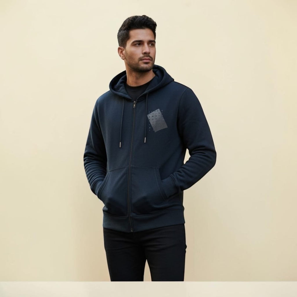 City Center M-LINE men's navy blue full-zip hoodie with kangaroo pockets worn by a man against a neutral background