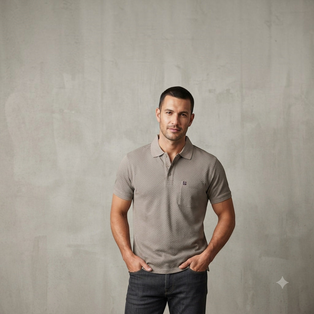 City Center M-Line men's taupe polo shirt with a textured fabric, chest pocket, and collar, worn with dark jeans.
