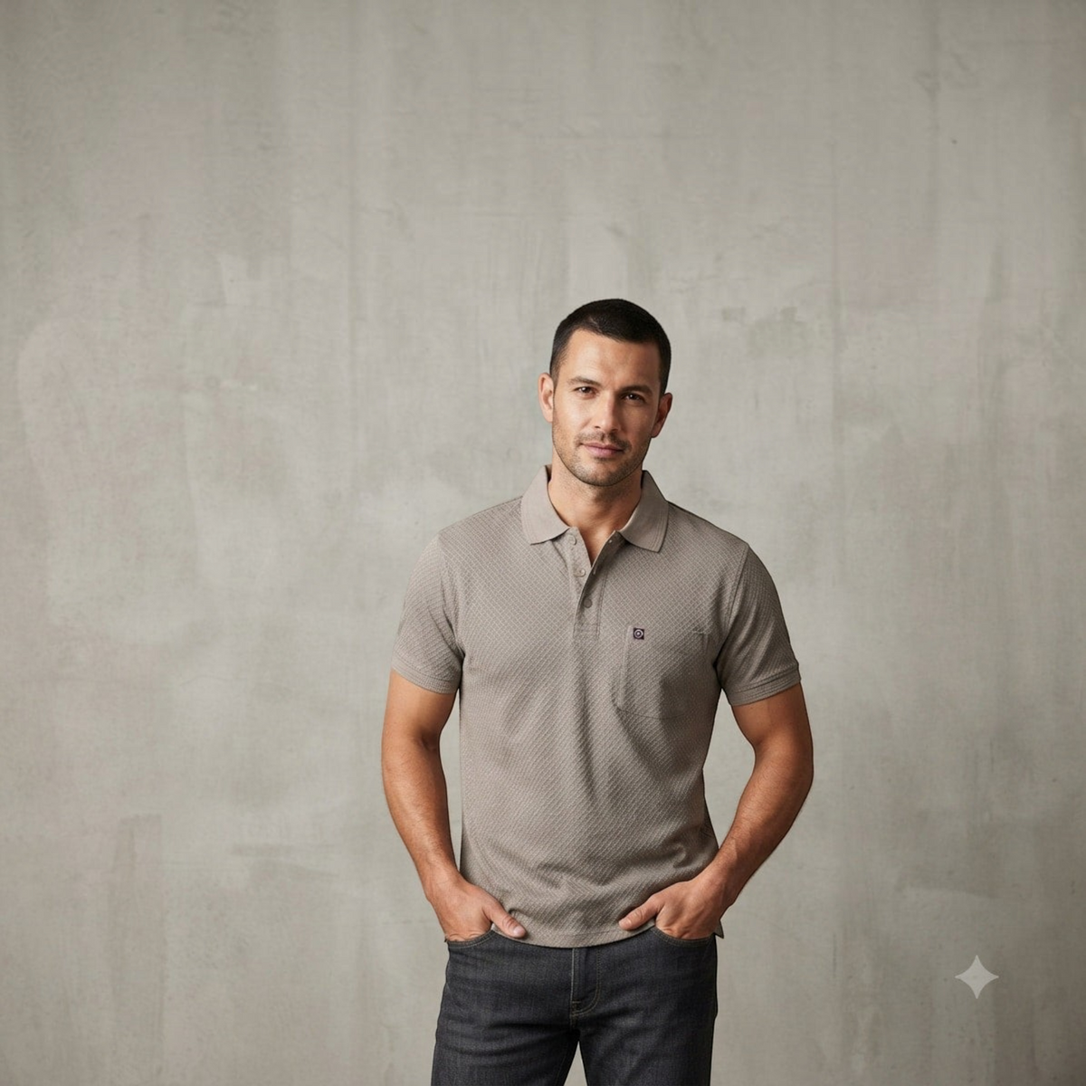 City Center M-Line men's taupe polo shirt with a textured fabric, chest pocket, and collar, worn with dark jeans.