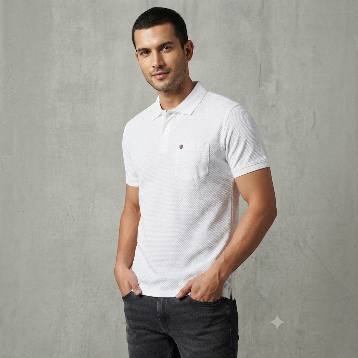 City Center M-Line white textured polo shirt with a chest pocket worn by a man against a grey background