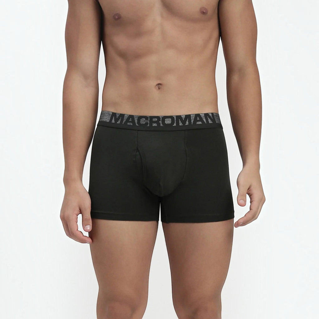 City Center MACROMAN black trunk underwear with a grey branded elastic waistband worn by a man.