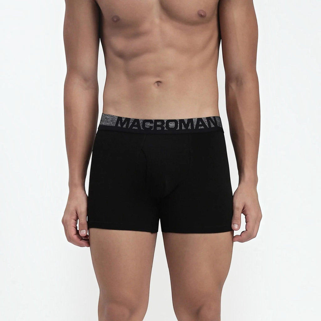 City Center MACROMAN black trunk underwear with a grey branded elastic waistband on a male model
