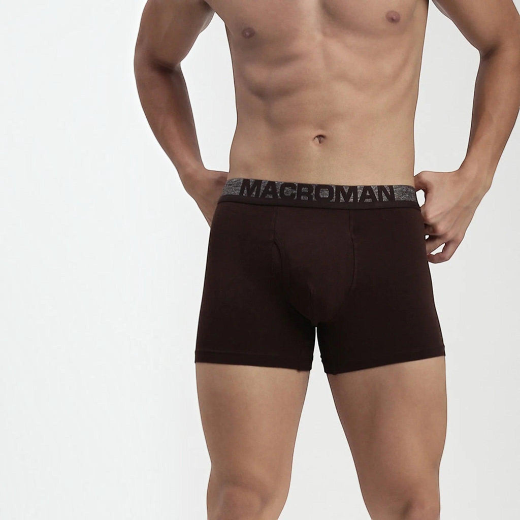City Center MACROMAN men's dark brown trunk underwear with a branded elastic waistband and contoured support pouch.
