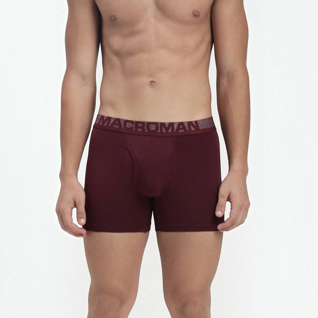 City Center MACROMAN men's burgundy trunk underwear with a branded elastic waistband and contoured pouch