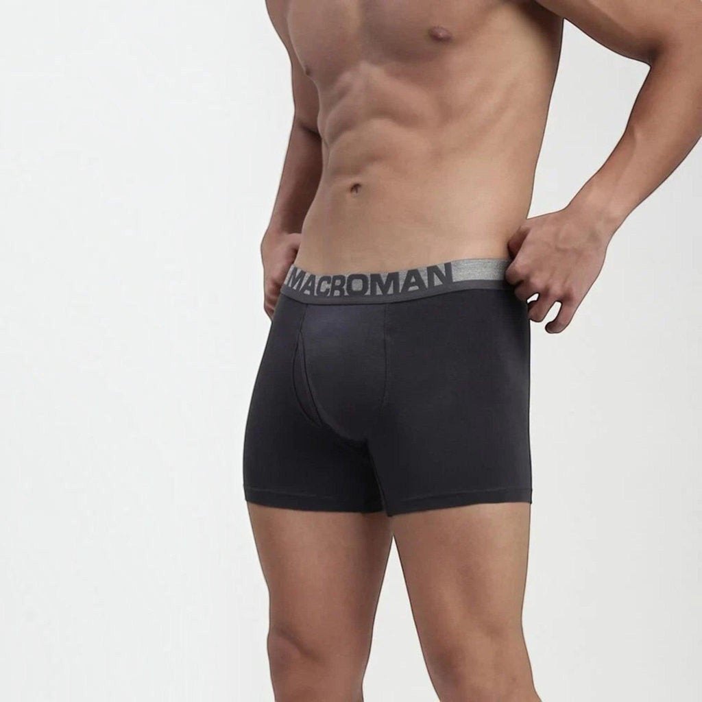 City Center MACROMAN men's charcoal grey trunk underwear with a branded elastic waistband on a model