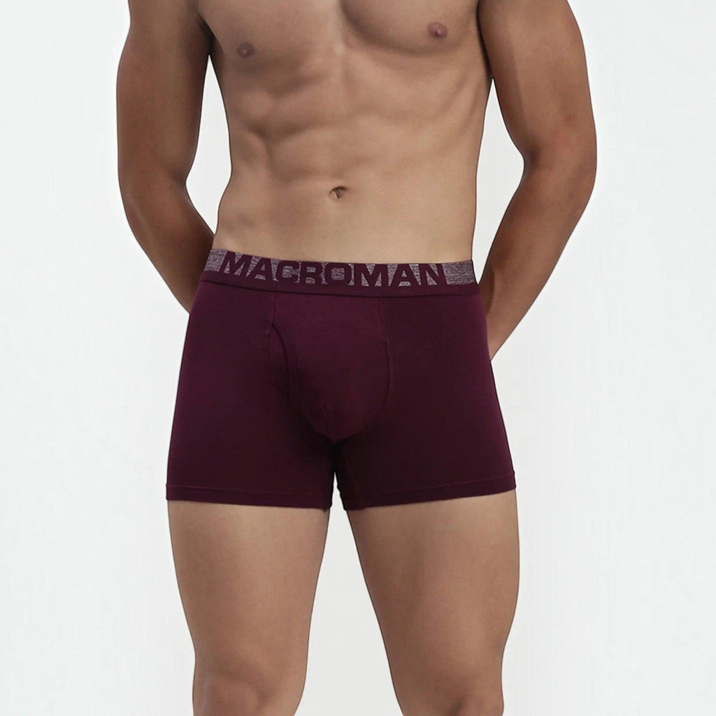 City Center MACROMAN men's maroon trunk underwear with a branded elastic waistband and contoured support pouch