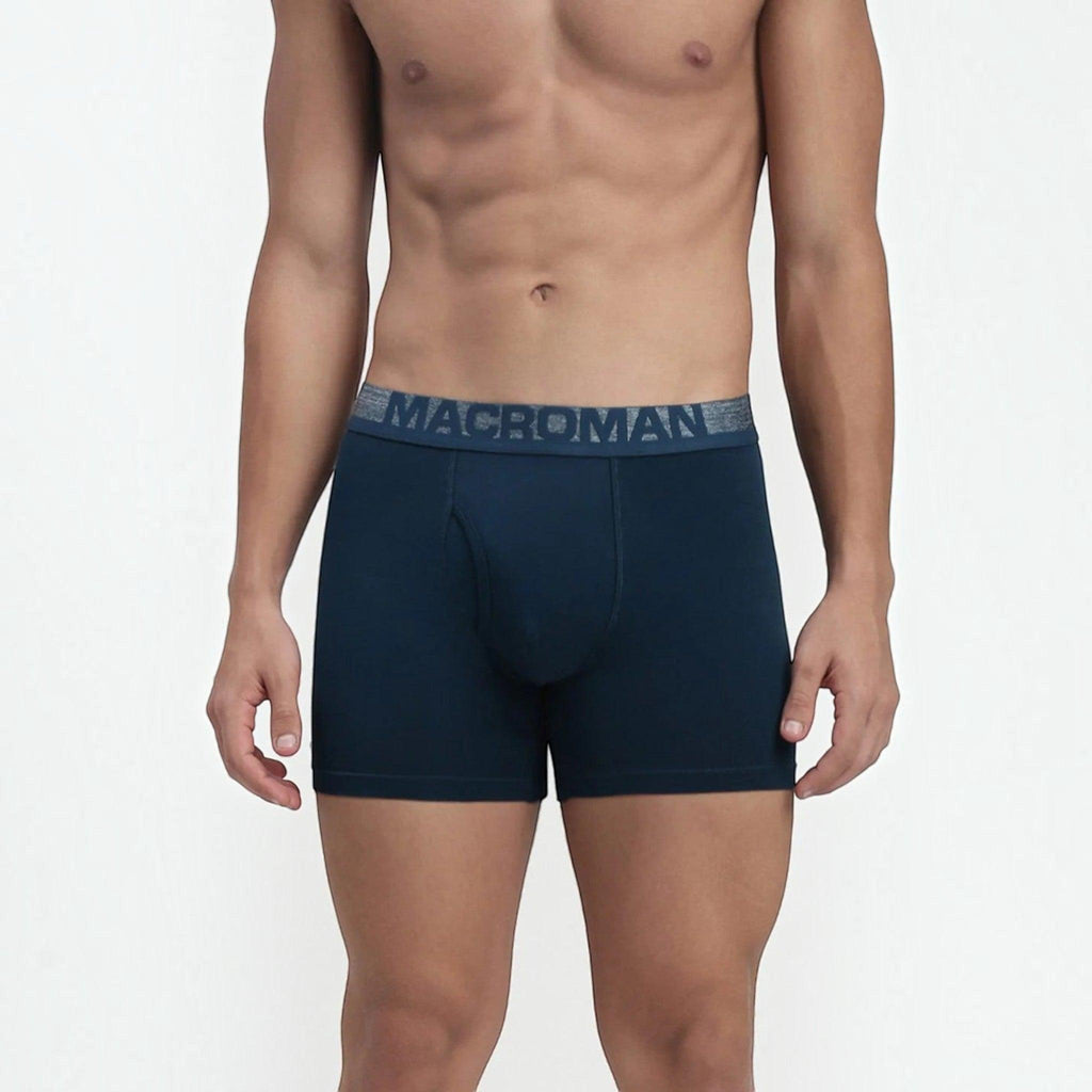 City Center MACROMAN navy blue men's trunk underwear with a branded elastic waistband and contoured support pouch.