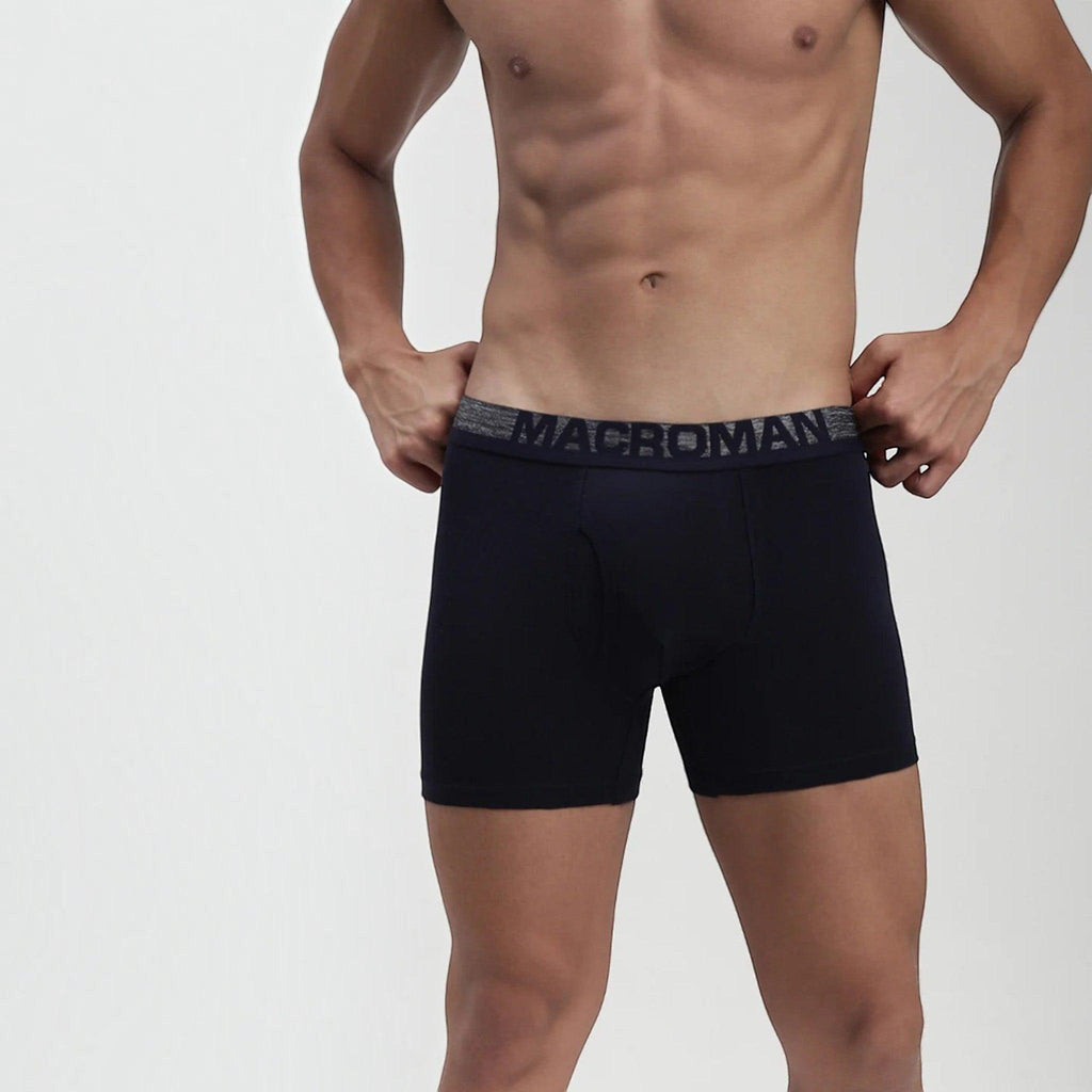 City Center MACROMAN men's navy blue trunk underwear with a grey branded elastic waistband on a male model