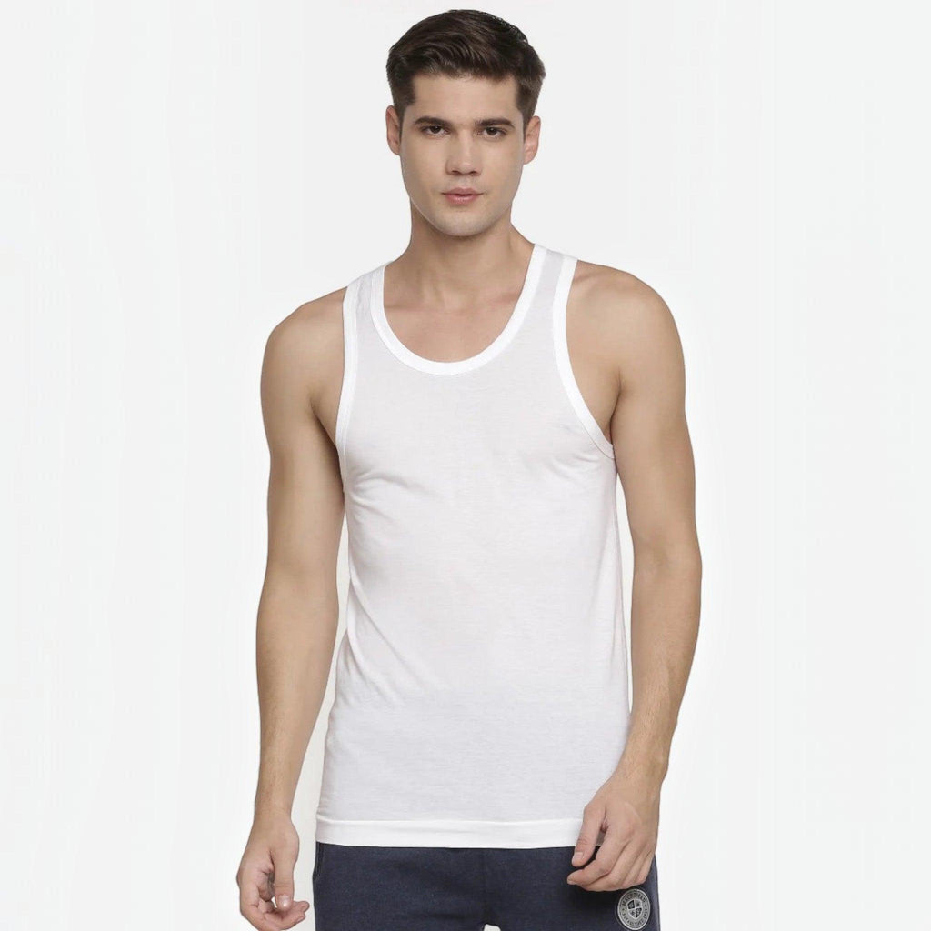 City Center Macroman white seamless cotton vest with a round neck worn by a male model