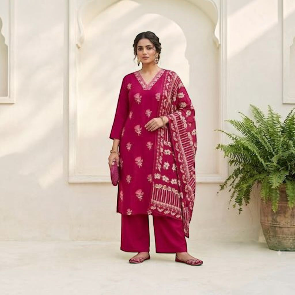 City Center magenta 3 piece churidar set with floral embroidery, matching dupatta, and wide-leg trousers