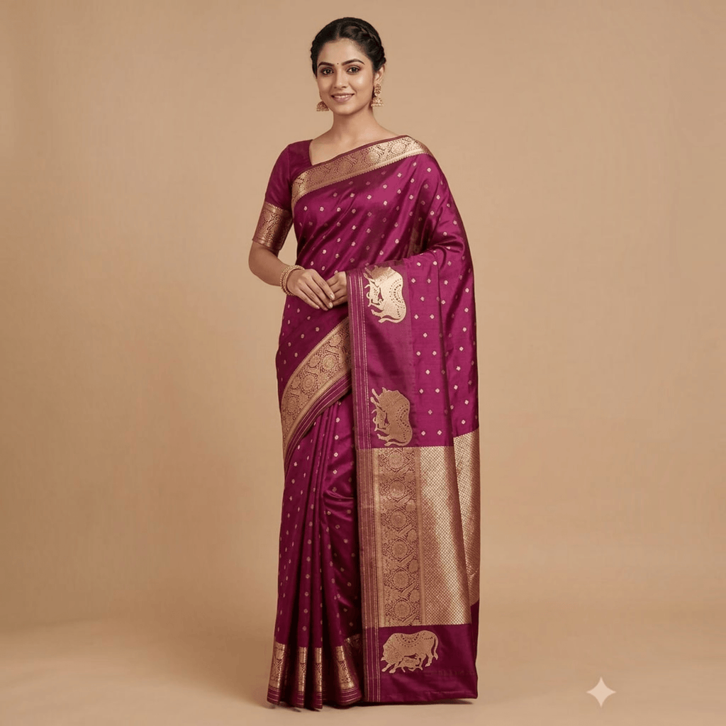 City Center premium magenta Katpadar silk saree with intricate gold zari brocade border and traditional elephant motifs