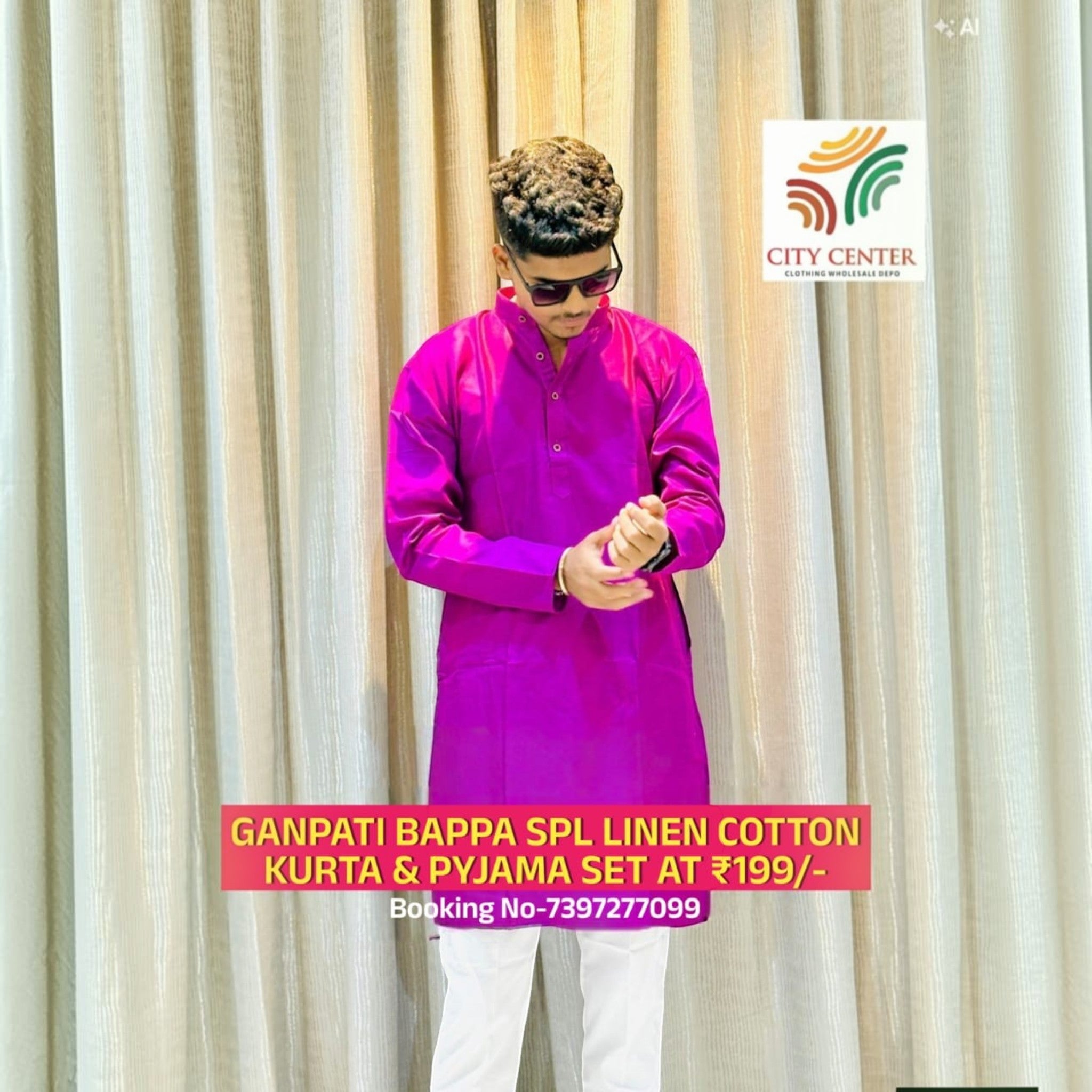 City Center men's magenta kurta and white pant set for Ganesh Chaturthi, worn by a man in sunglasses.