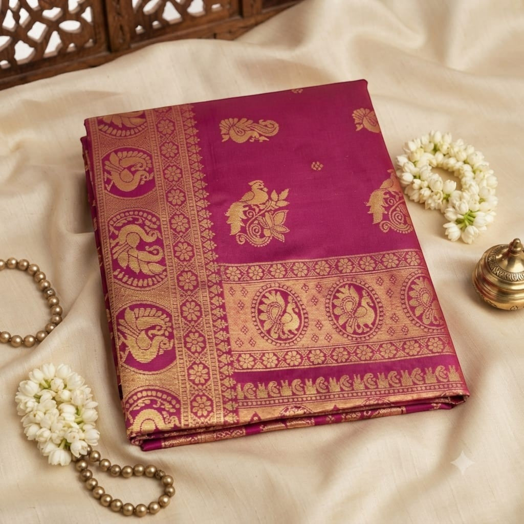 City Center Mayurakshi Paithani saree in deep magenta with intricate gold zari peacock motifs and traditional borders