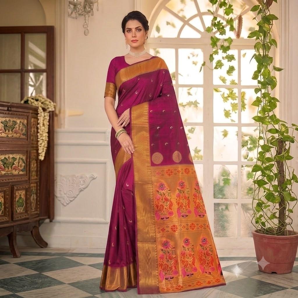 City Center magenta Paithani silk saree with gold zari Chandrakor border and floral pallu worn by a model