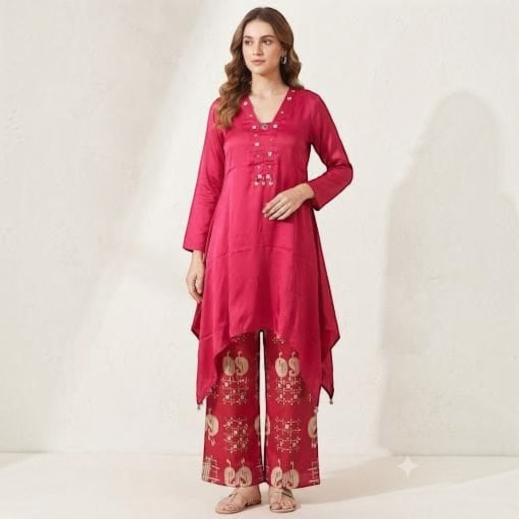City Center plus-size co-ord set featuring a magenta tunic with a V-neck and patterned wide-leg trousers