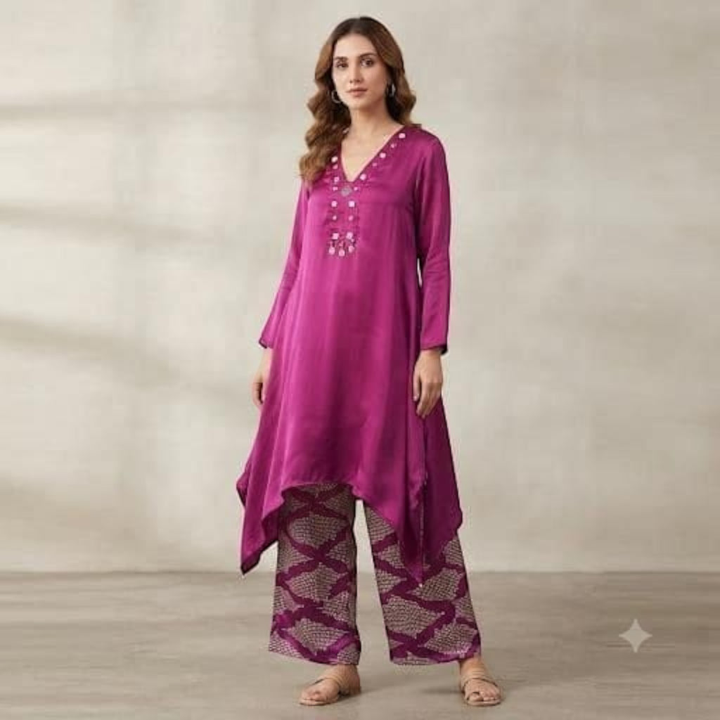 City Center plus-size co-ord set featuring a magenta tunic with mirror work and patterned wide-leg trousers