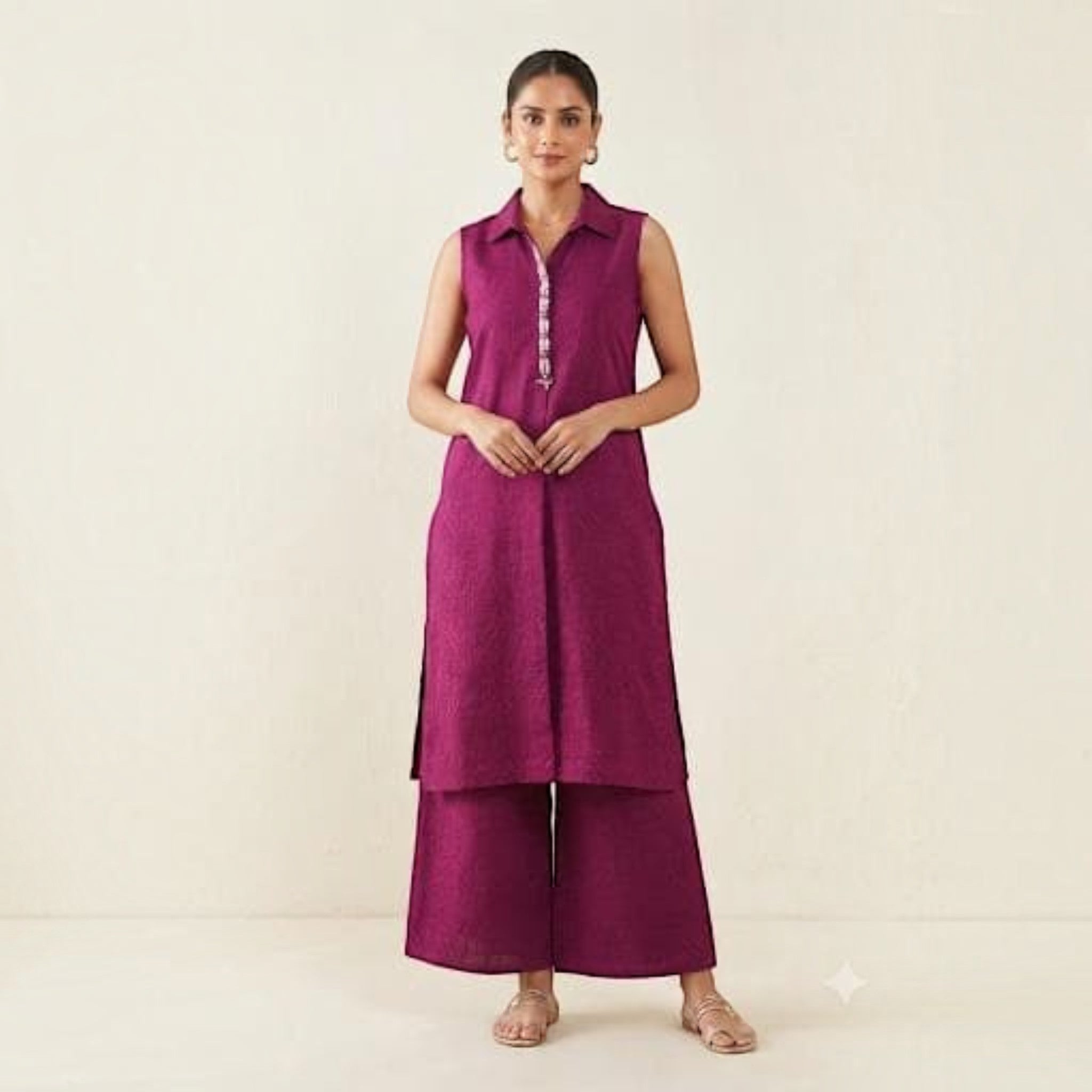 City Center premium magenta sleeveless collared tunic and wide-leg trousers co-ord set worn by a model.