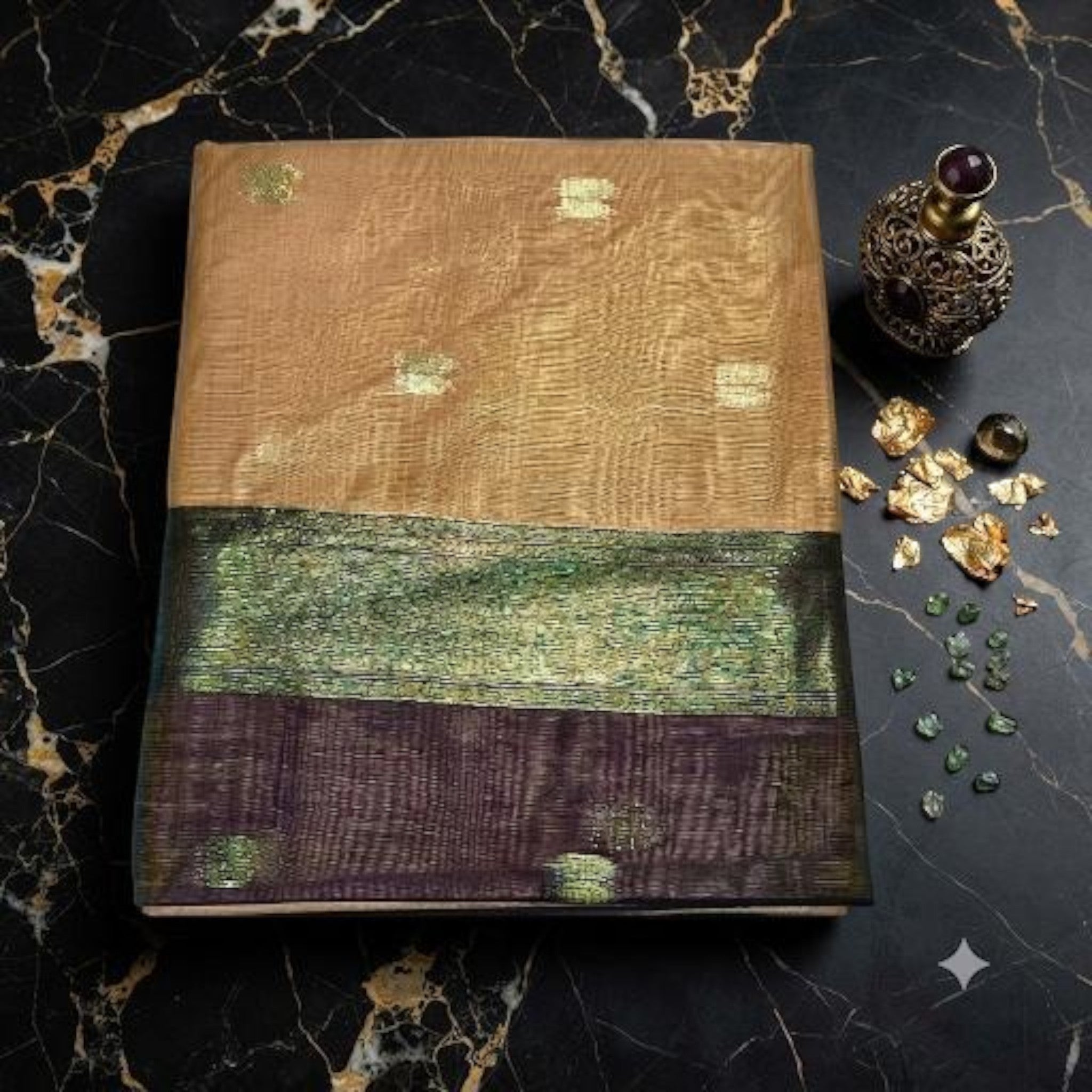 City Center Maheshwari cotton silk saree in beige with a dual-tone purple and green metallic border and gold butis.