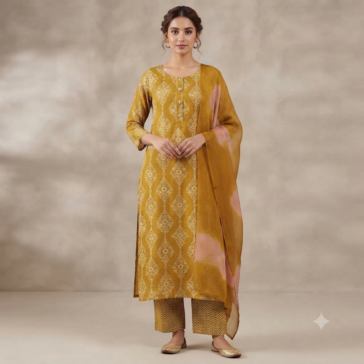 City Center Manch Chudidar Set in mustard yellow with intricate white patterns, featuring a dupatta and matching pants.