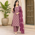 City Center Manch Chudidar Set in deep mauve with white geometric print, featuring a kurta, trousers, and dupatta.