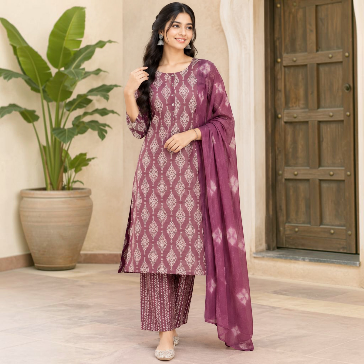 City Center Manch Chudidar Set in deep mauve with white geometric print, featuring a kurta, trousers, and dupatta.