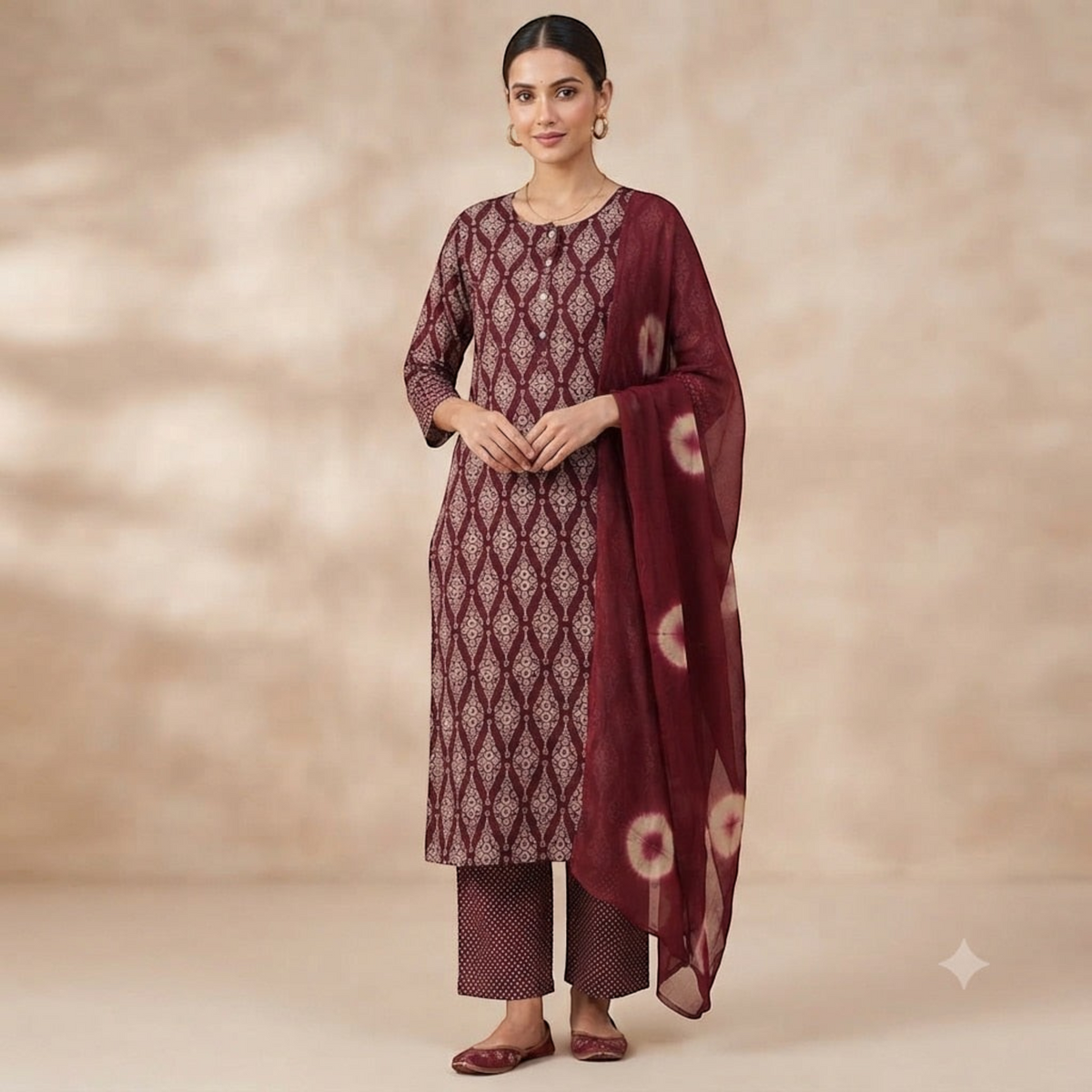 City Center Manch Chudidar Set in maroon with geometric print, featuring a matching dupatta and slim-fit trousers.