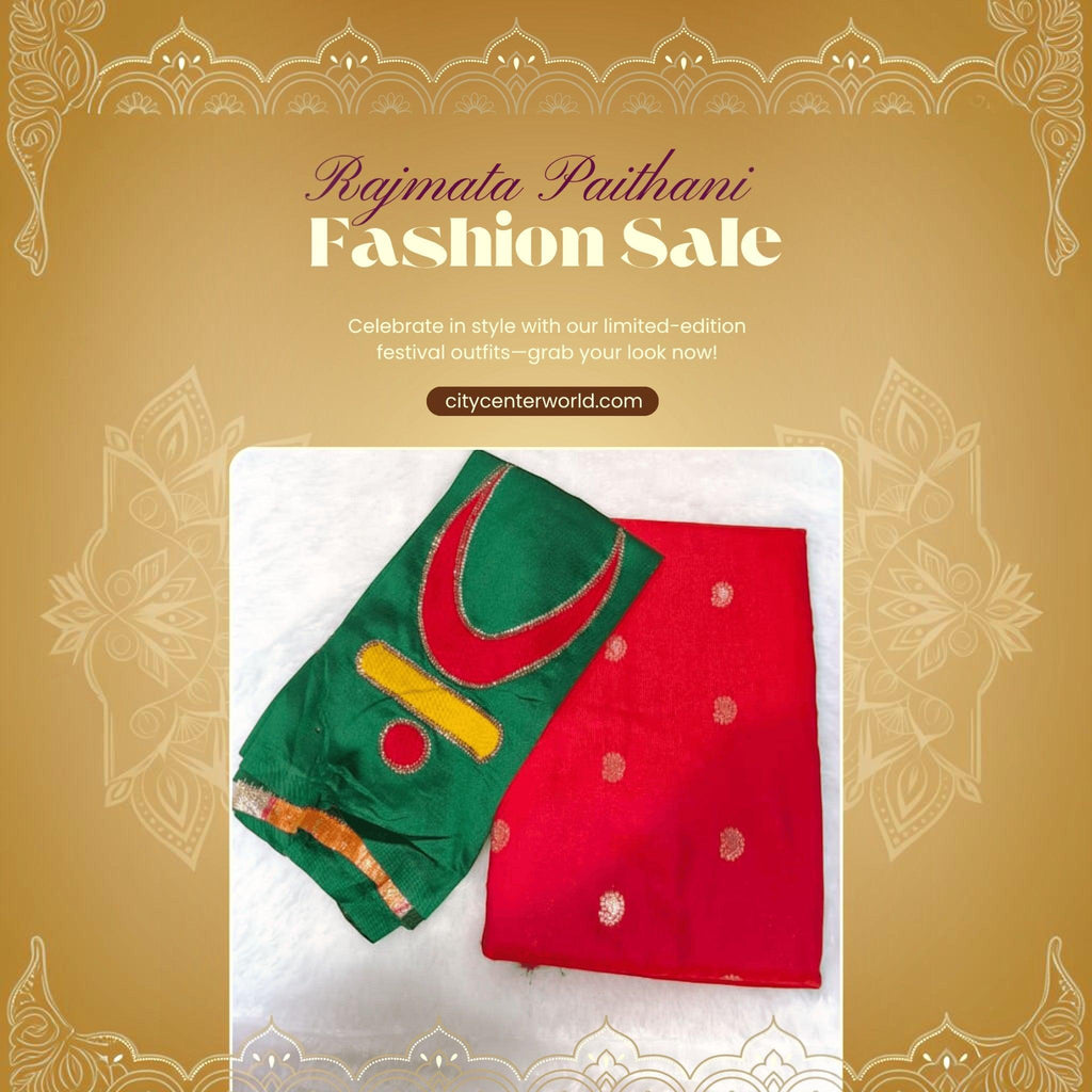 City Center Rajmata Paithani silk-blend saree in mango with a forest green blouse featuring gold Chandrakor motifs.