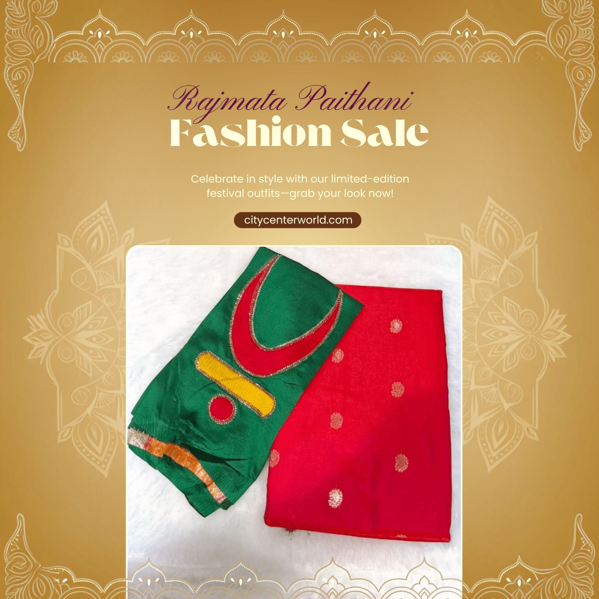 City Center Rajmata Paithani silk-blend saree in mango with a forest green blouse featuring gold Chandrakor motifs.