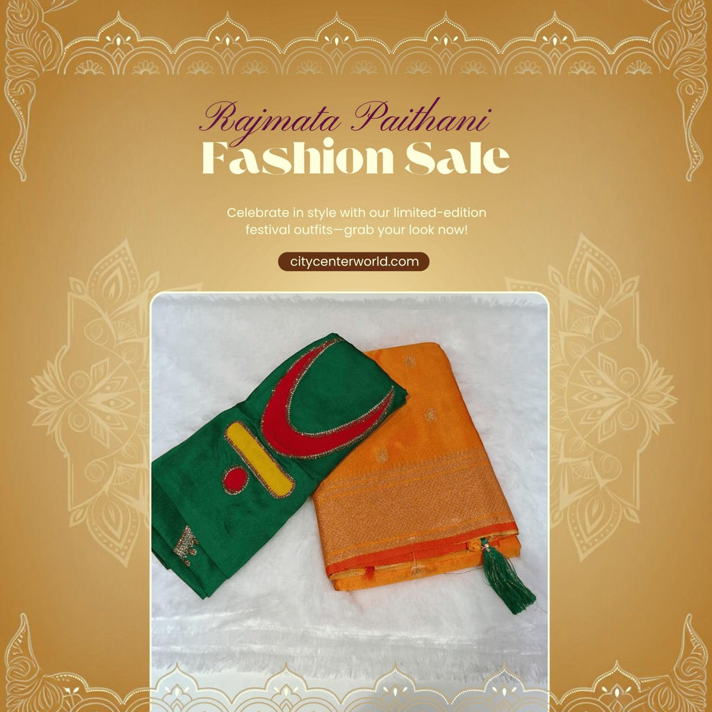 City Center Rajmata Paithani silk-blend saree in mango with a forest green blouse featuring gold jari and chandrakor work