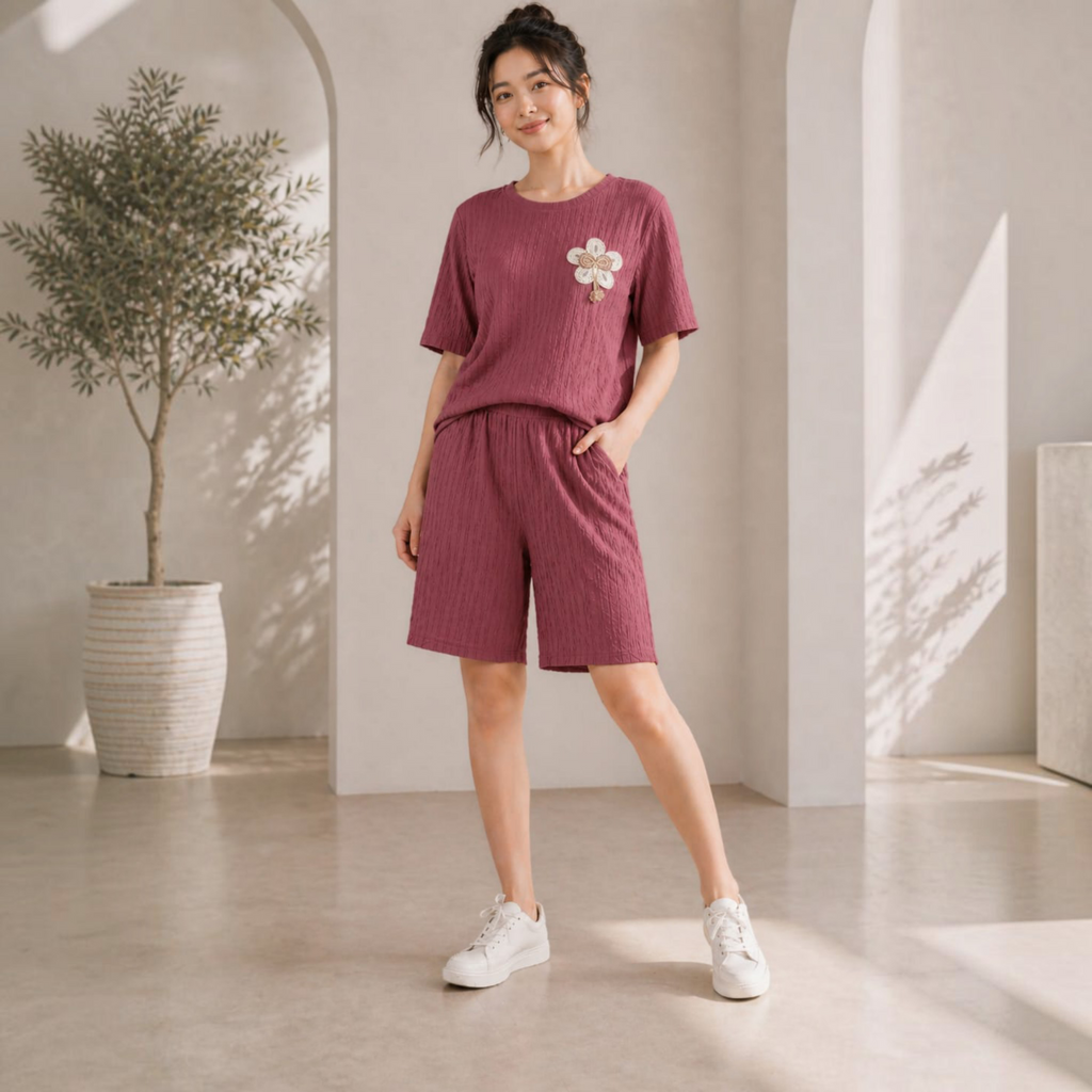 City Center women's maroon dry-fit co-ord set with short-sleeve top and shorts, featuring a floral chest detail.