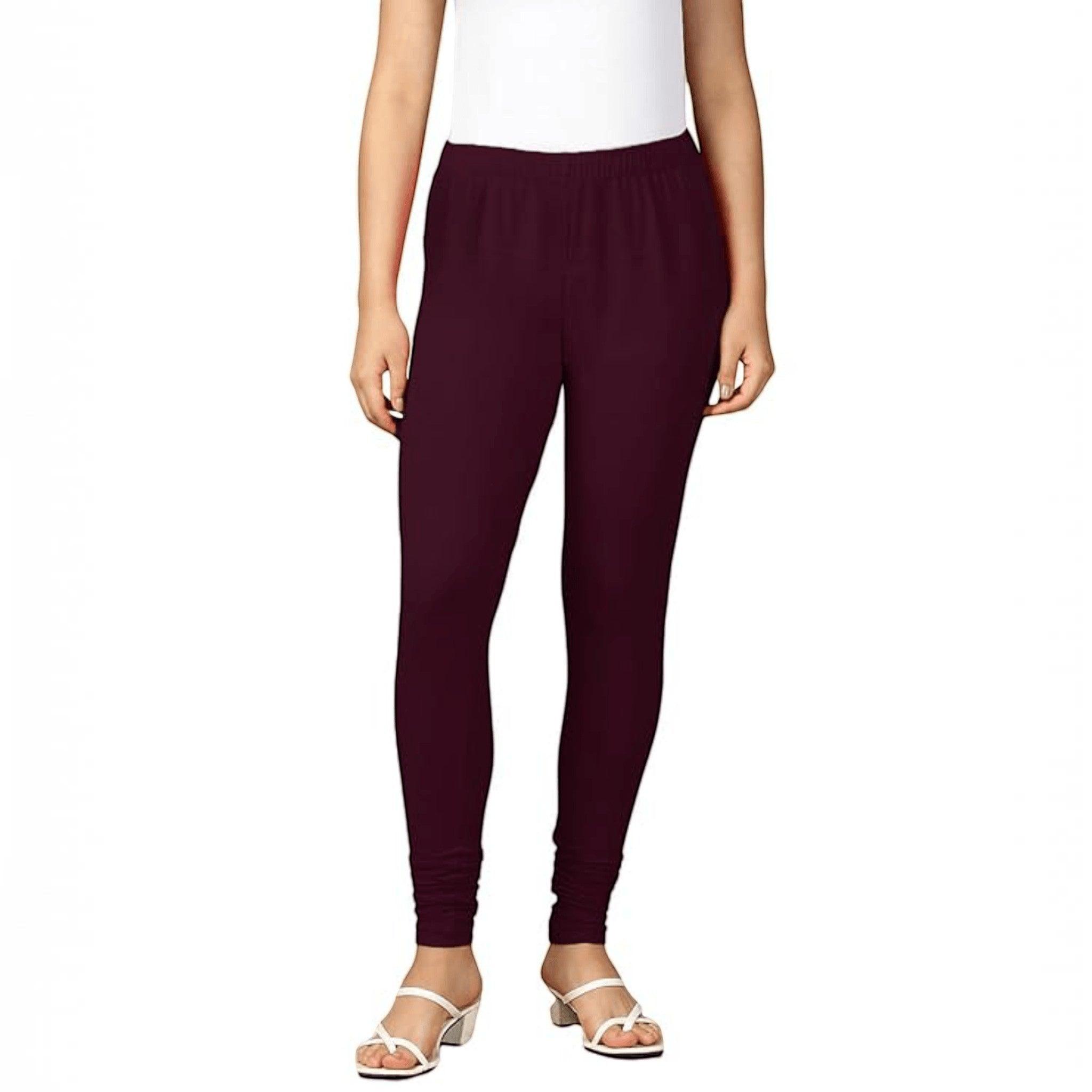 City Center maroon cotton lycra churidar leggings for women, featuring a comfortable pull-on design.