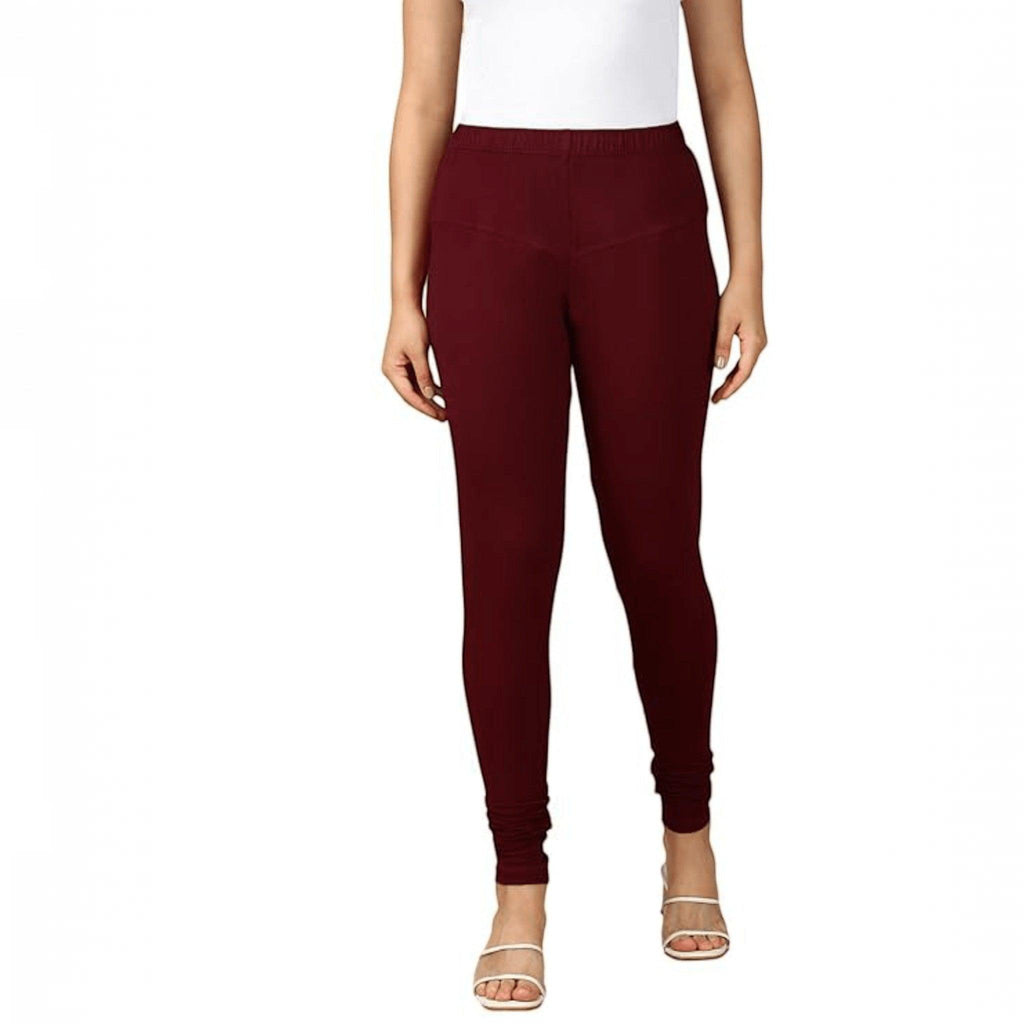 City Center maroon cotton lycra churidar leggings for women featuring a comfortable pull-on design and full length.