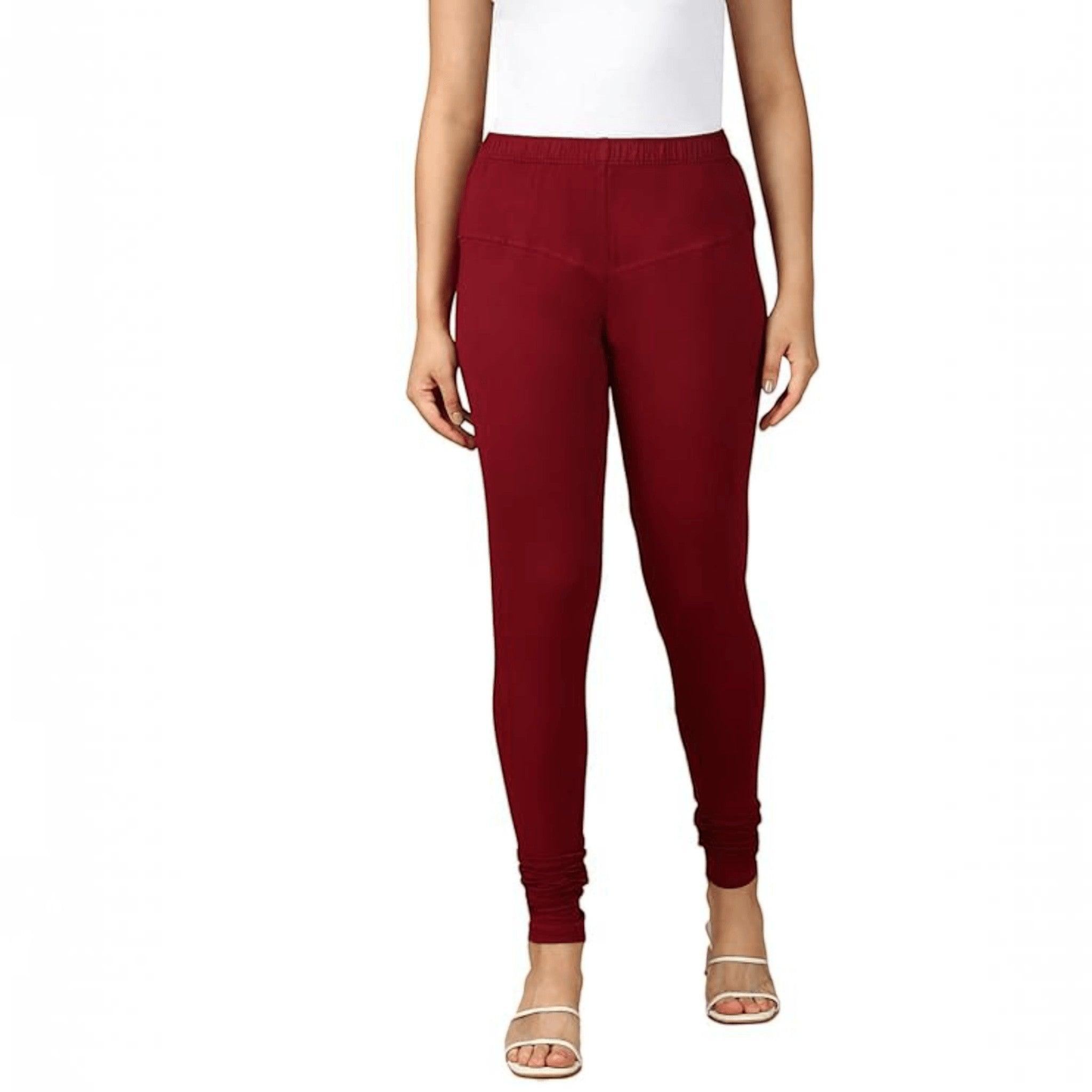 City Center maroon full-length cotton lycra churidar leggings for women with a comfortable pull-on elastic waistband