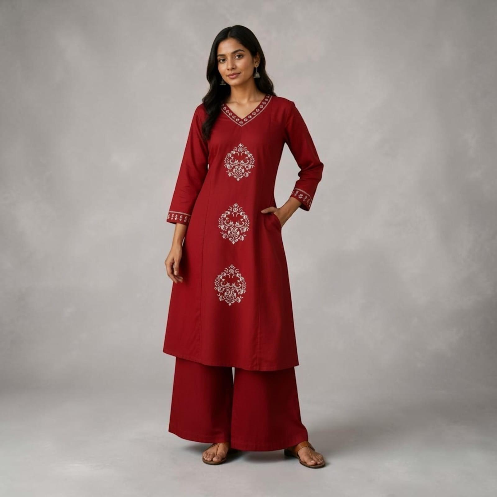 City Center maroon pure cotton co-ord set featuring intricate white embroidery and a relaxed silhouette on a model