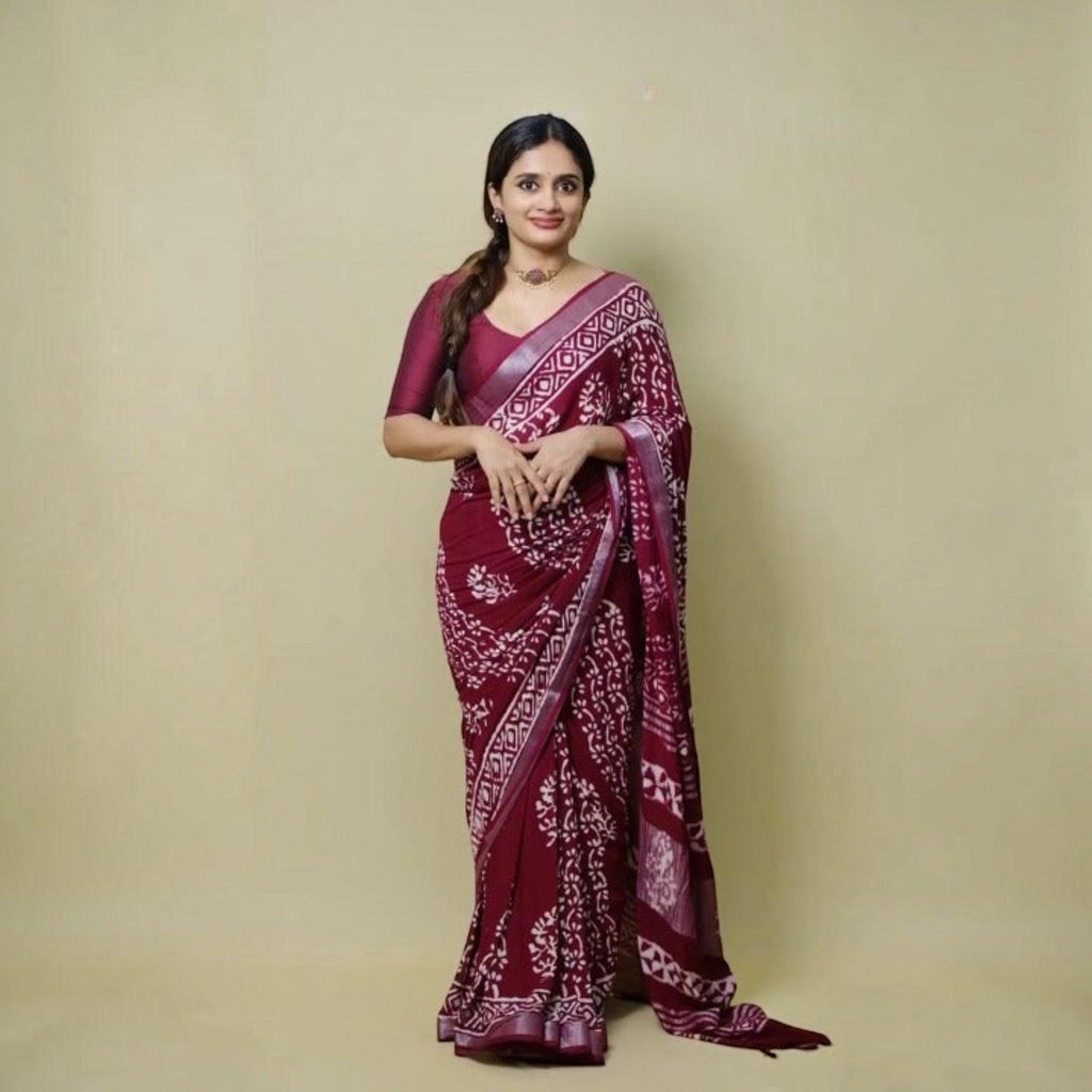 City Center premium cotton saree in deep maroon with white traditional block print motifs and a matching blouse piece.