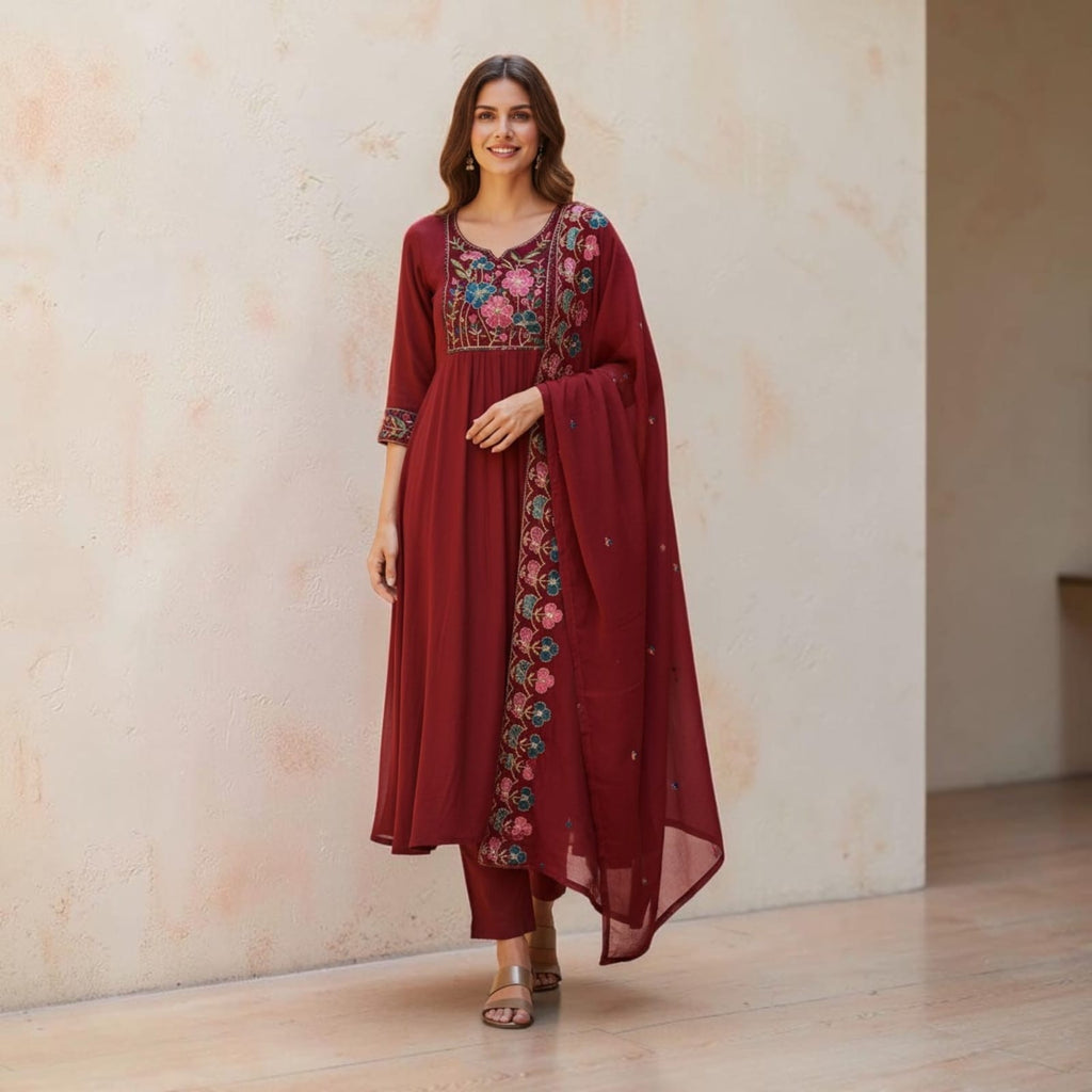 City Center premium maroon denim kurti featuring floral embroidery on the yoke and matching dupatta