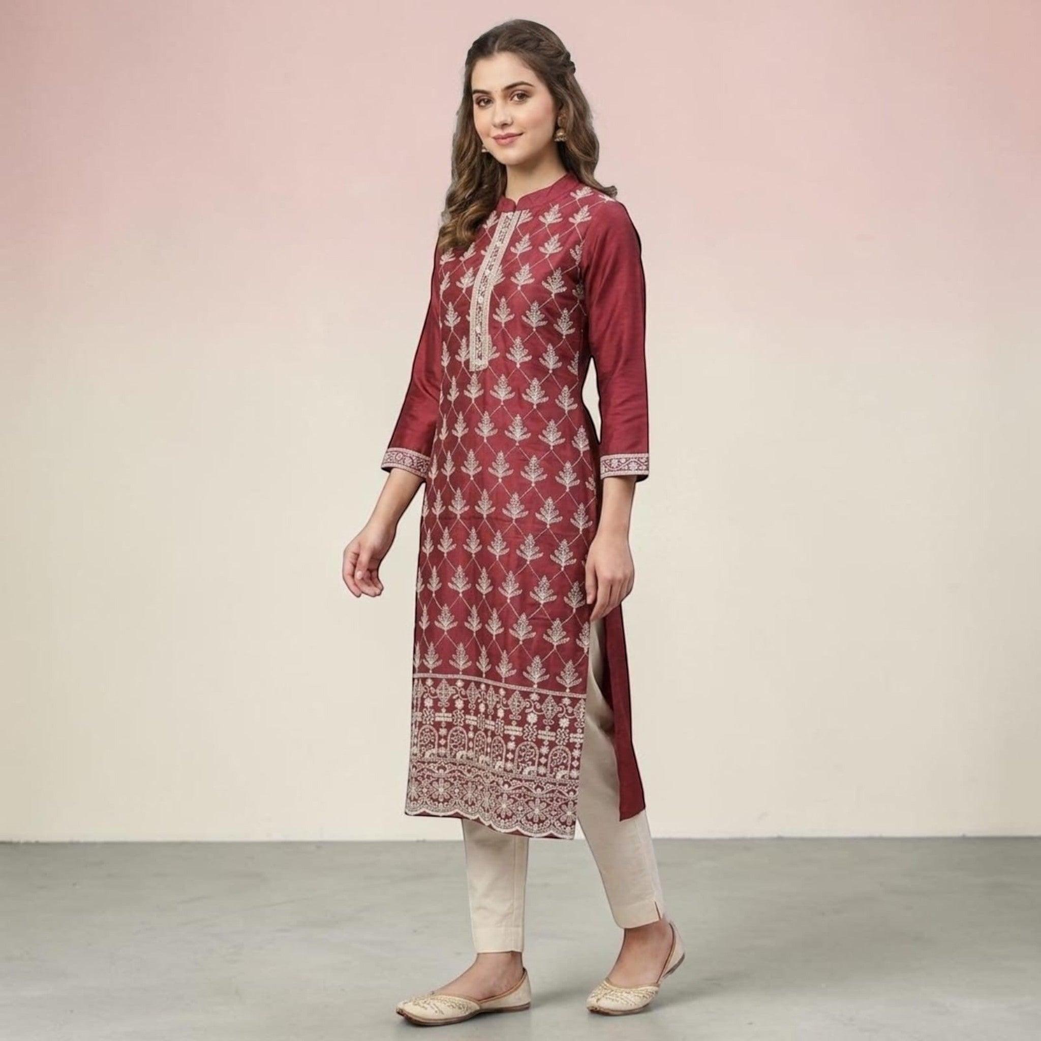 City Center maroon straight kurta tunic with white floral embroidery, mandarin collar, and three-quarter sleeves.