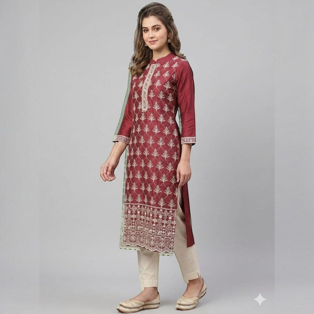 City Center maroon straight kurta tunic with white floral embroidery, mandarin collar, and three-quarter sleeves.