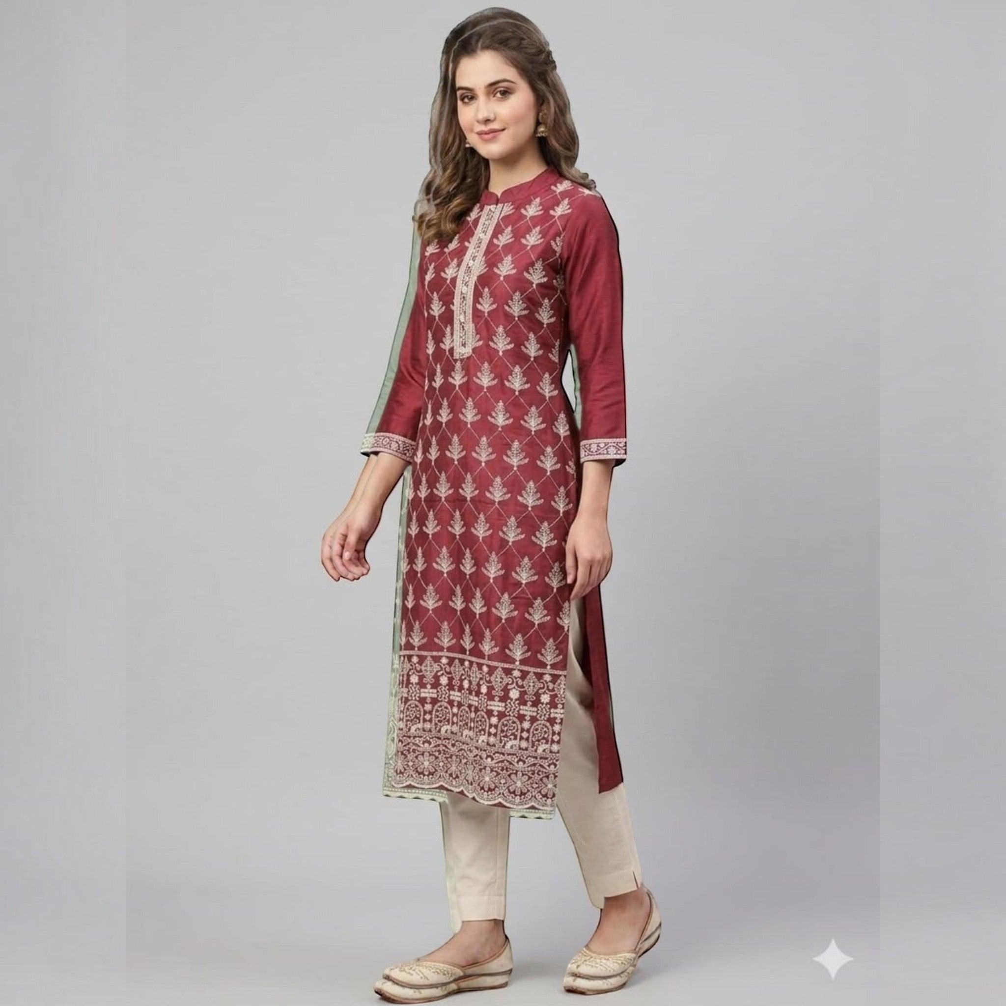 City Center maroon straight kurta tunic with white floral embroidery, mandarin collar, and three-quarter sleeves.