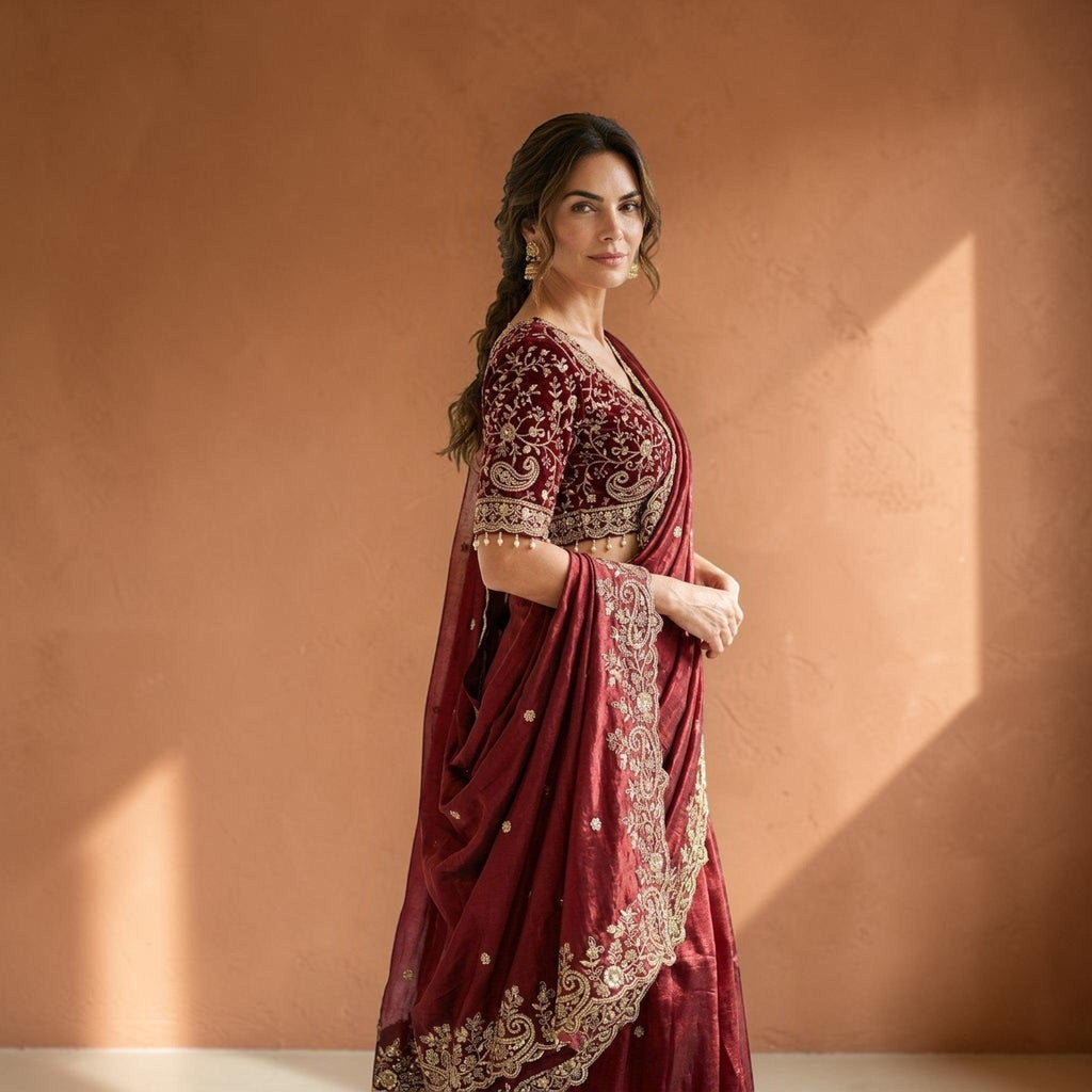 City Center designer maroon saree with a heavily embroidered velvet blouse featuring intricate gold thread work