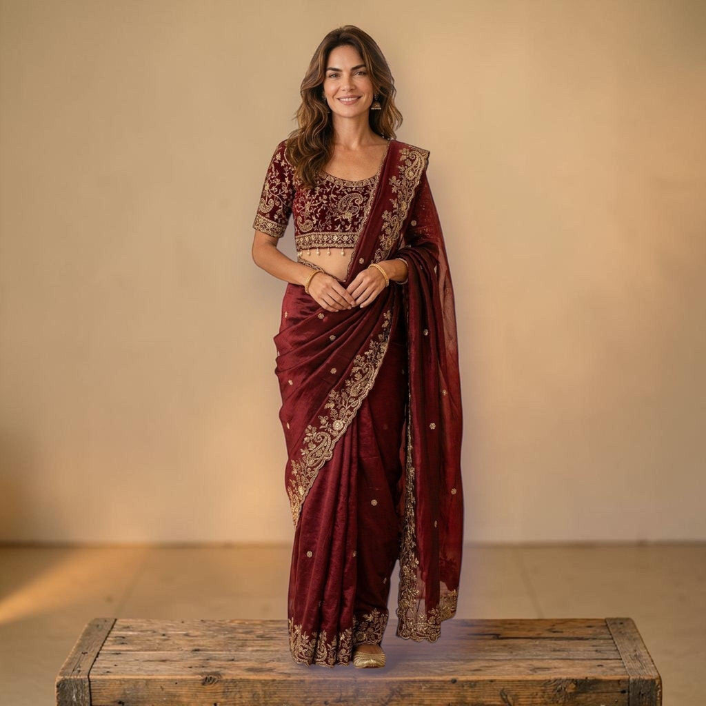 City Center designer maroon saree with a fully embroidered blouse featuring intricate gold thread work and sequins.