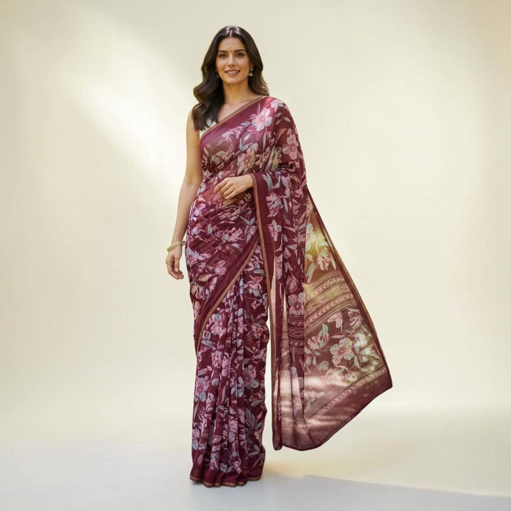 City Center chiffon saree in deep maroon with delicate floral prints, worn by a model against a neutral background.