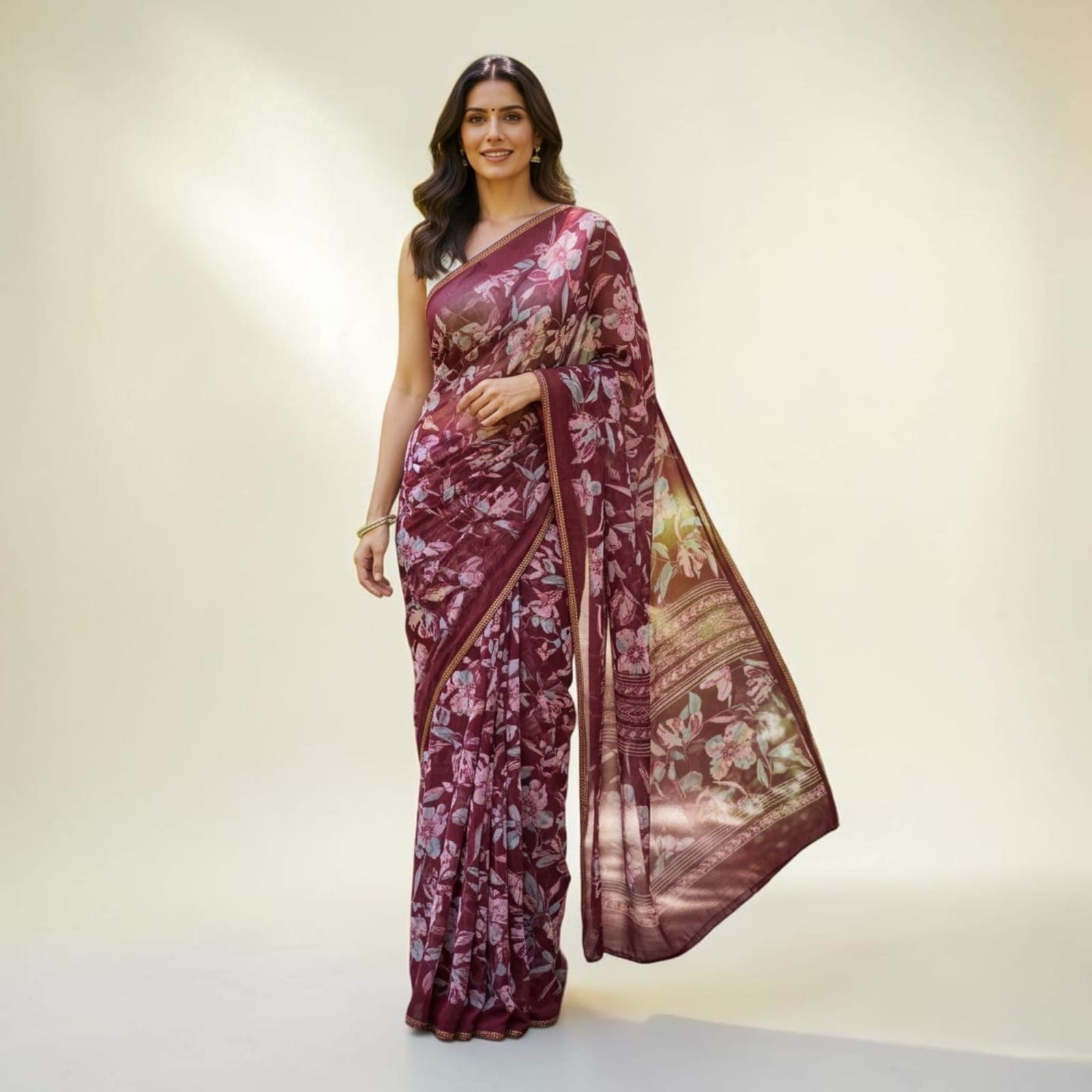 City Center chiffon saree in deep maroon with floral prints, worn by a model against a neutral background.